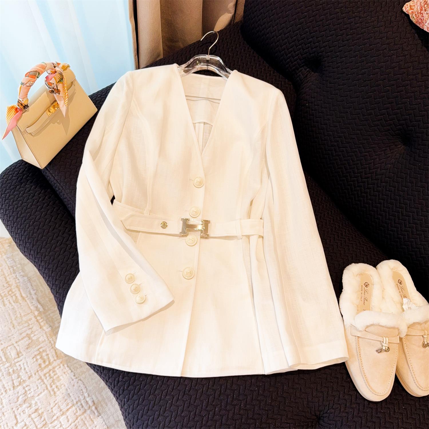 NIGO Hermes Women's Spring And Summer Solid Color Linen Material V-neck Single Breasted Drawstring Waist Long Sleeved Blazer Jacket Casual Pants Suit Set #nigo75616