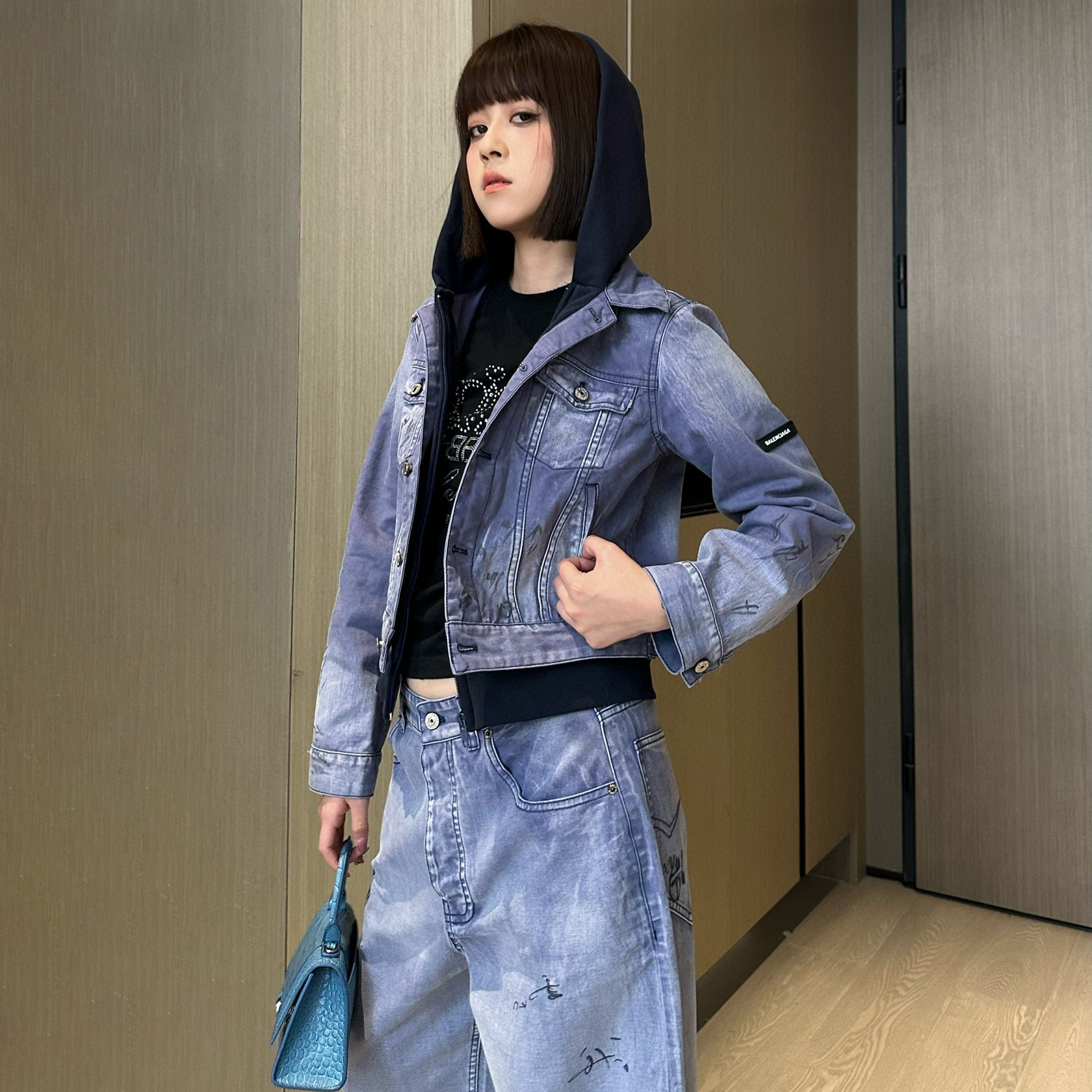 NIGO Balenciaga Women's Spring And Fall Blue Patchwork Sweater Denim Single Breasted Hooded Long Sleeved Jacket Graffiti Pattern Jeans Pants Suit Set #nigo75618