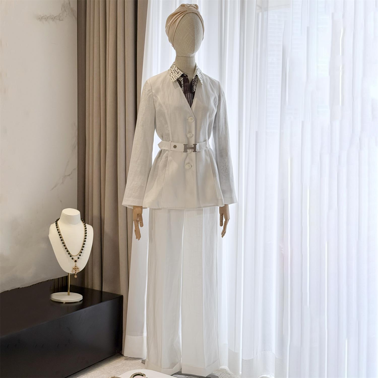 NIGO Hermes Women's Spring And Summer Solid Color Linen Material V-neck Single Breasted Drawstring Waist Long Sleeved Blazer Jacket Casual Pants Suit Set #nigo75616