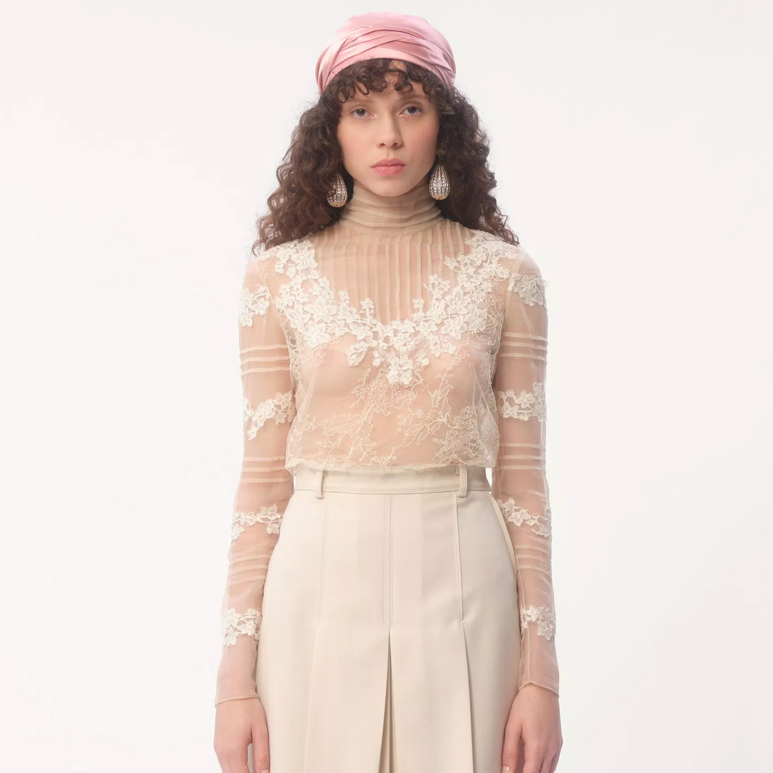 NIGO Valentino  Women's Lace Rose Embroidery Solid Color High Collar Spring and Autumn Long Sleeve Silk Two Piece Shirt Set Ngvp #nigo1236