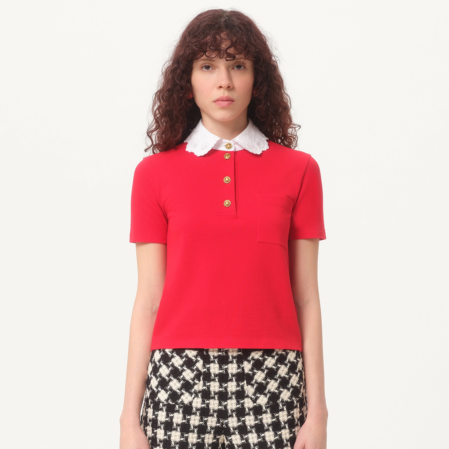 NIGO Valentino Women's Summer Lace Neckline Embroidery Colorblocking Cotton Short Sleeve Polo Shirt Ngvp #nigo1237