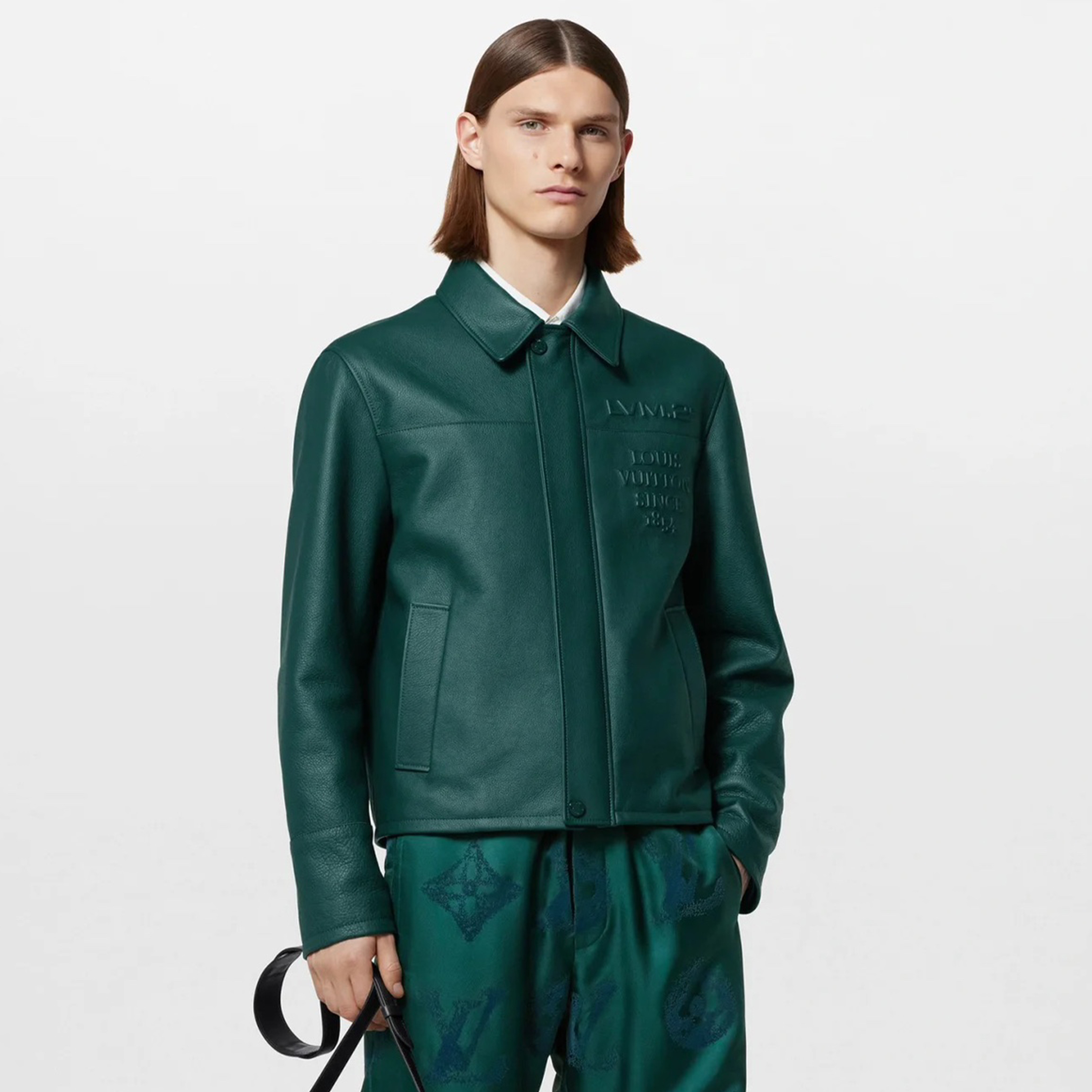 NIGO Louis Vuitton Men's Fall And Winter Green Retro Embossed Leather Long-sleeved Shirt Cowhide Jacket Fashion Trend Leisure Lapel Zipper Leather Jacket #nigo81126