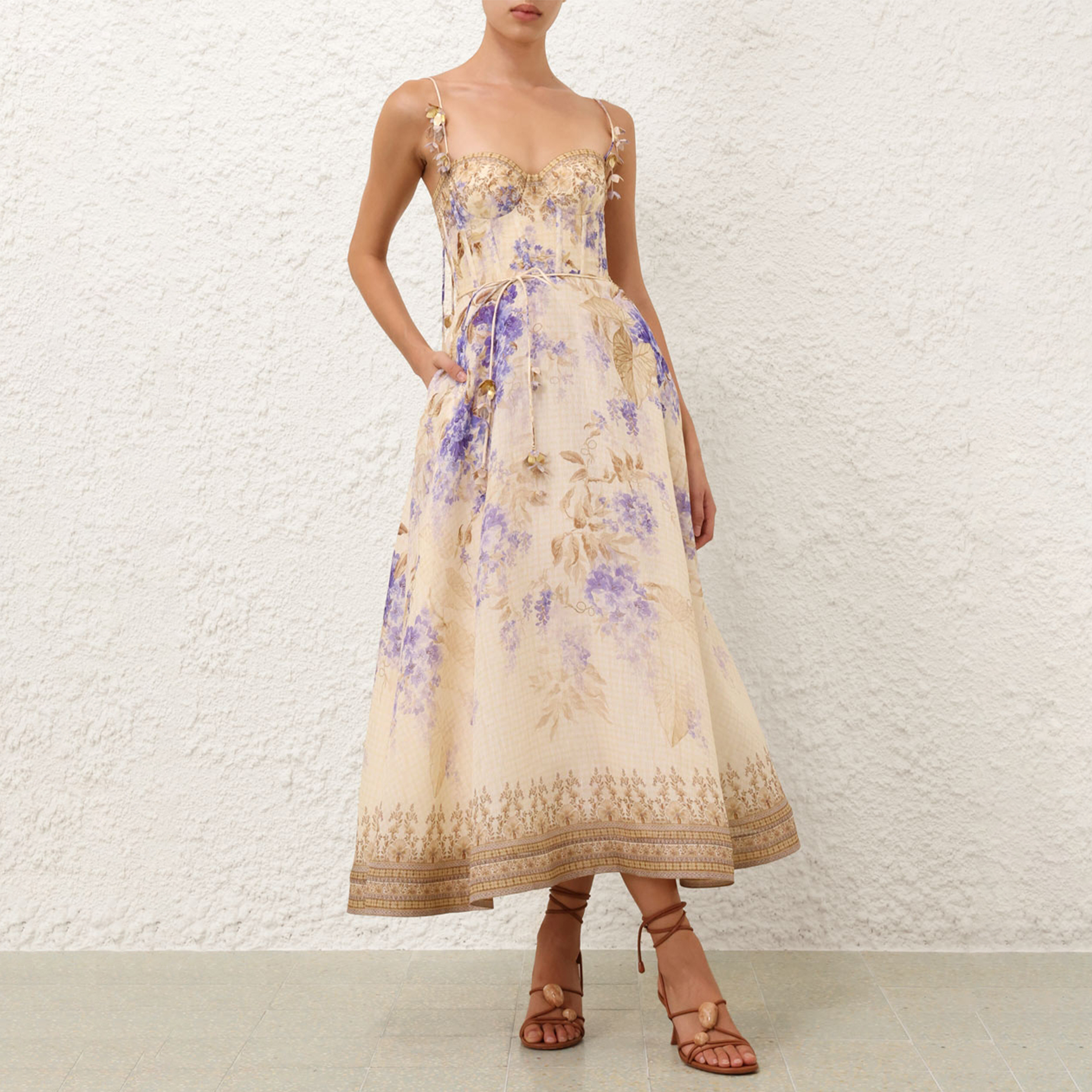 NIGO Zimmermann Dawning Picnic Dress Women's Spring And Summer Silk Linen Mid-length Dress Heart-shaped Neckline Spaghetti Straps Large Hem Dress Fashionable Temperament Elegant Luxury Dresses #nigo81131