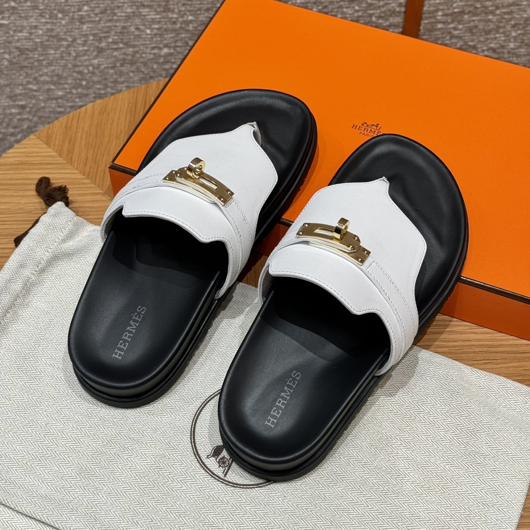 NIGO Hermes Men's and Women's Summer Solid Color Leather Clip-On Slippers Sandals Shoes #nigo75678
