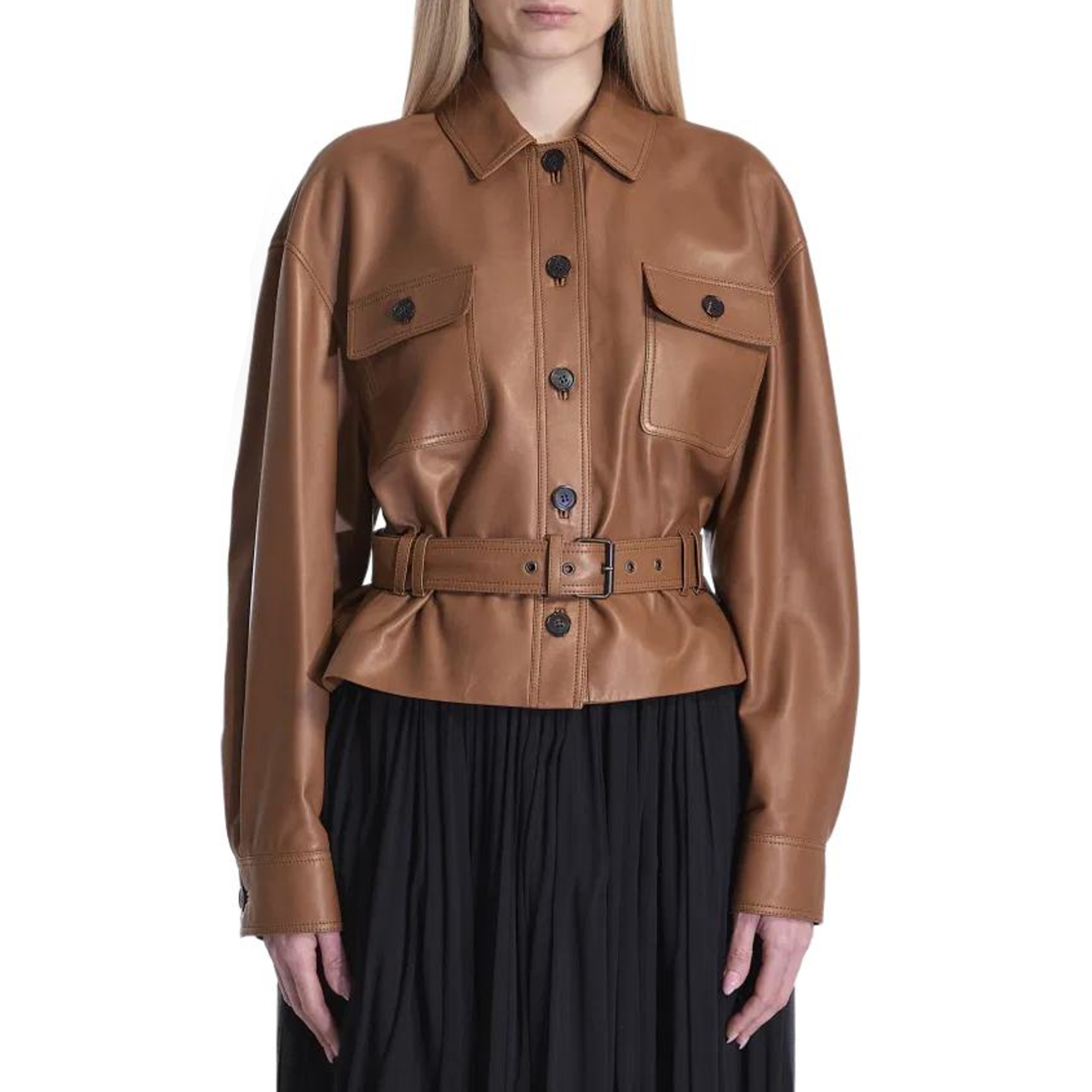 NIGO SAINT LAURENT Women's Fashion Luxury Temperament Leather Jacket Lace-up Short Jacket Lapel Long Sleeve Belt Slim Solid Colour Leather Jacket Ngvp #nigo1277