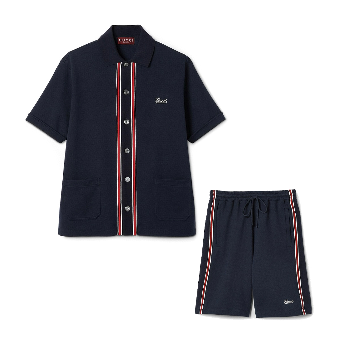 NIGO Gucci Men's Summer Colorblocking Article Logo Embroidery Single Breasted Short Sleeve Shirt Elastic Waist Tie Casual Shorts Set Suit #nigo75663