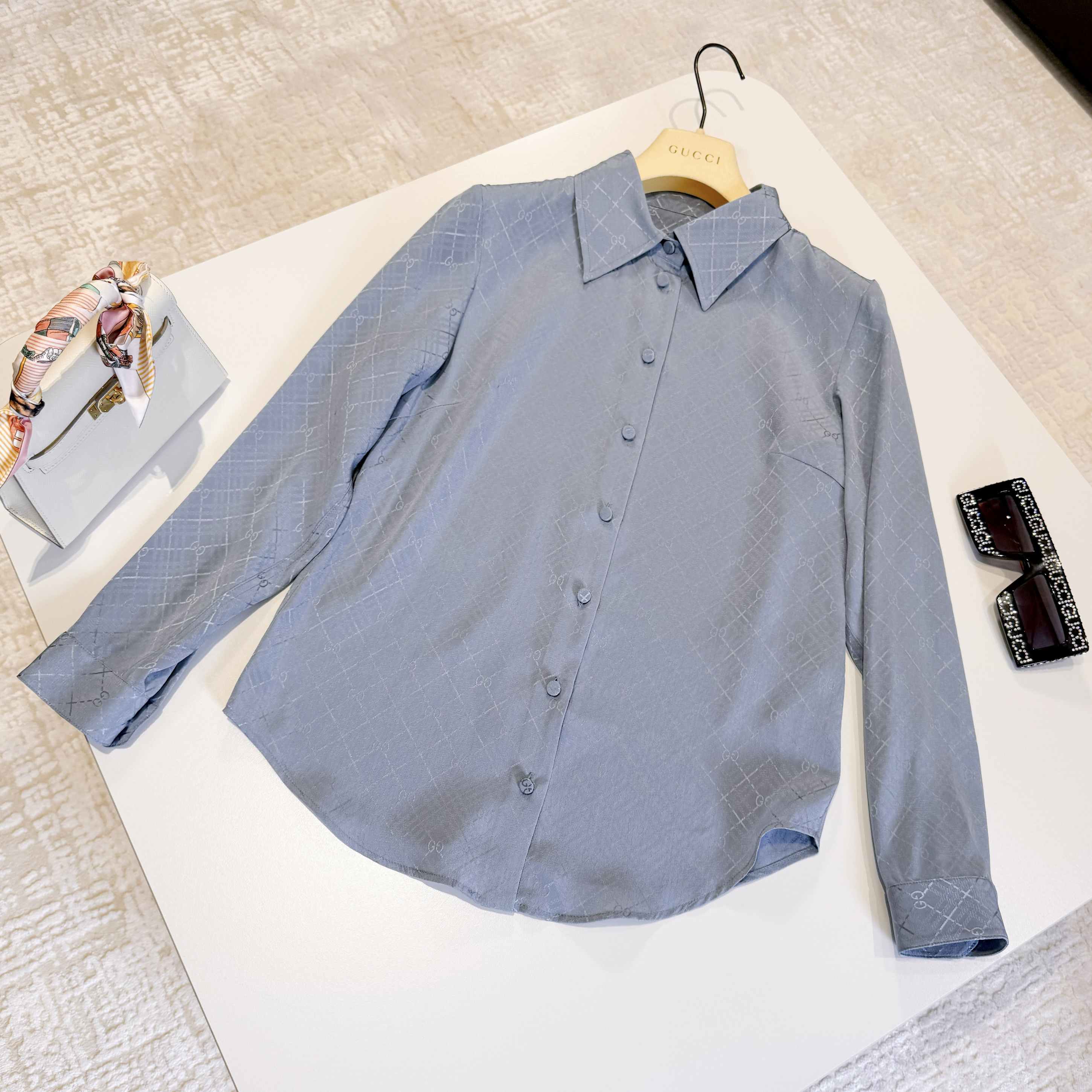 NIGO Gucci Women's Spring And Summer Solid Color Letter Print Single Breasted Long Sleeved Shirt #nigo75662