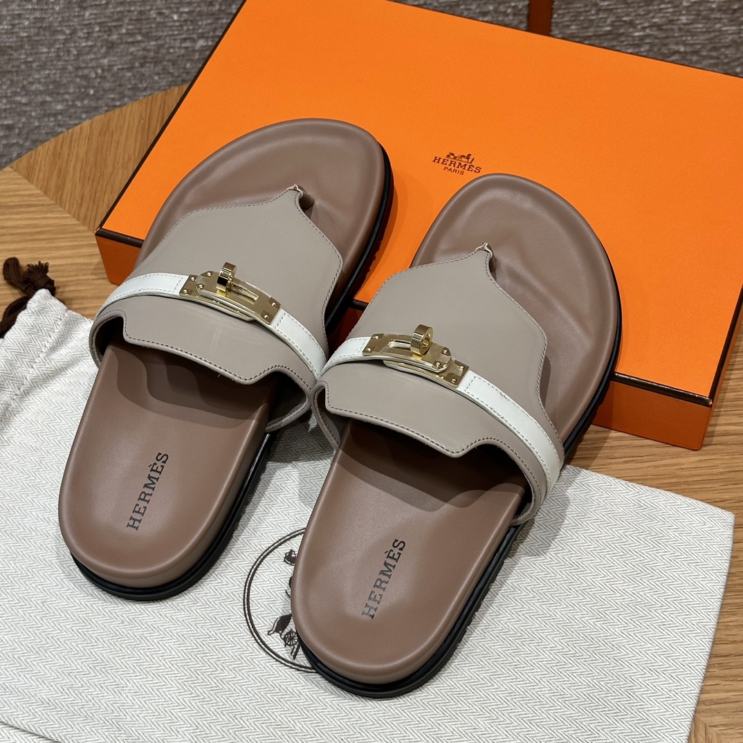 NIGO Hermes Men's and Women's Summer Solid Color Leather Clip-On Slippers Sandals Shoes #nigo75678
