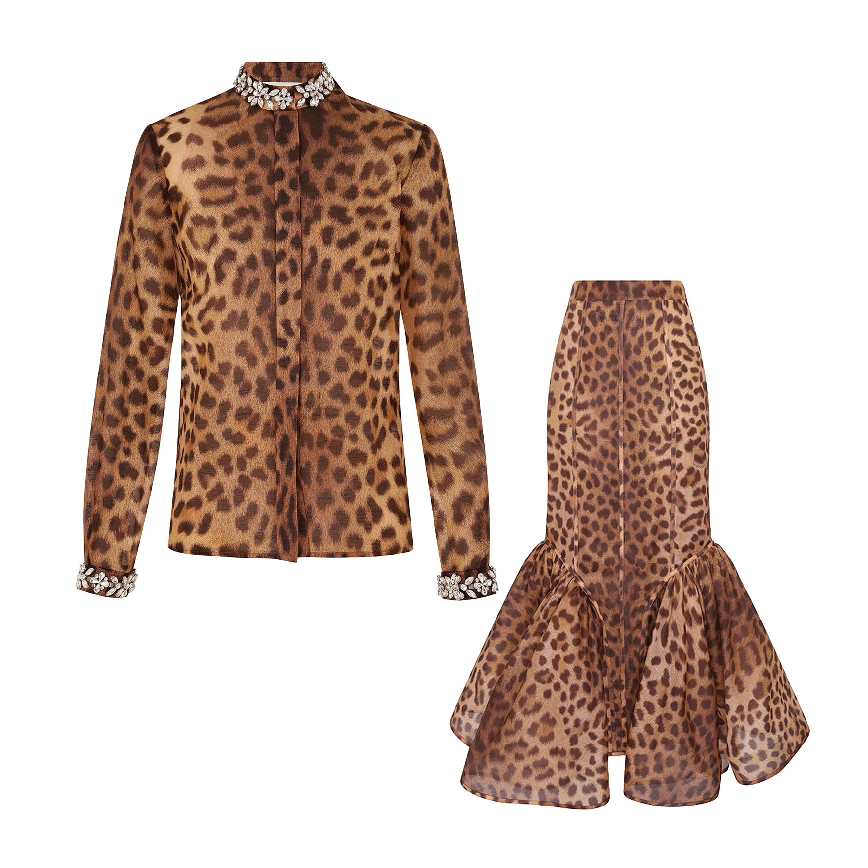 NIGO Zimmermann Women's Spring and Summer Leopard Crystal Embellished Single Breasted Long Sleeve Shirt Slim Zipper Casual Long Skirt Set Suit #nigo75682