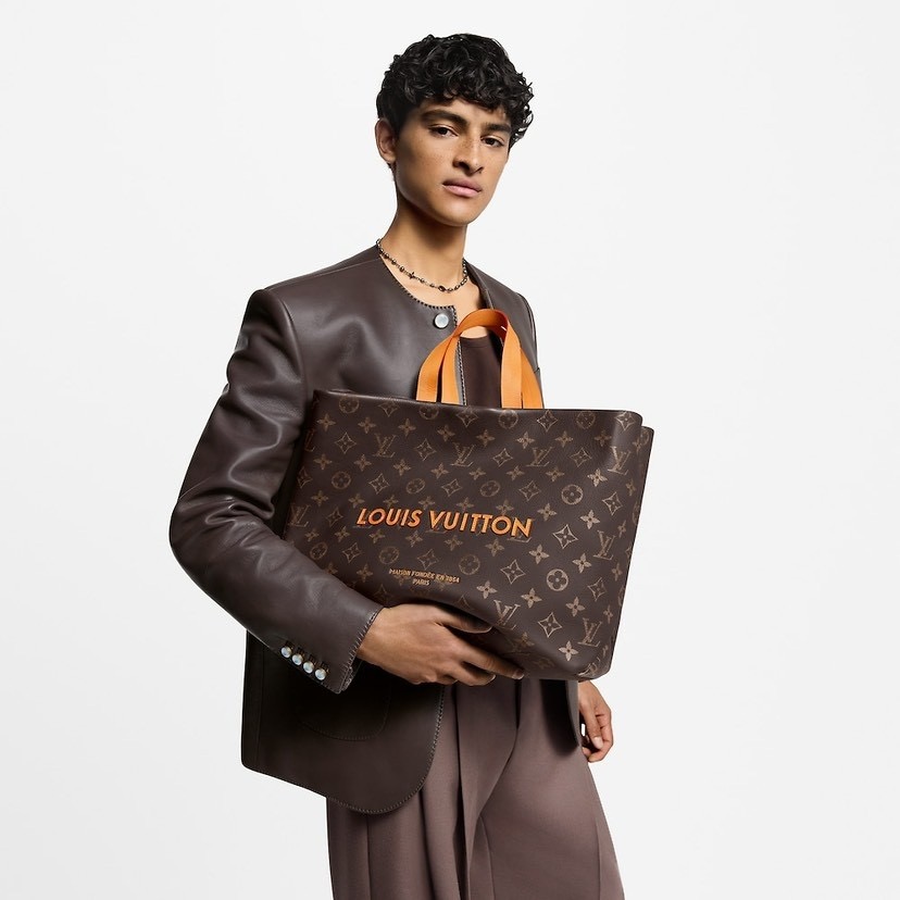 NIGO Louis Vuitton Men's Brown Classic Vintage Adjustable Shoulder Strap Embroidered Letter Print Tote Bag - Premium Coated Canvas Leather Bag #nigo75711
