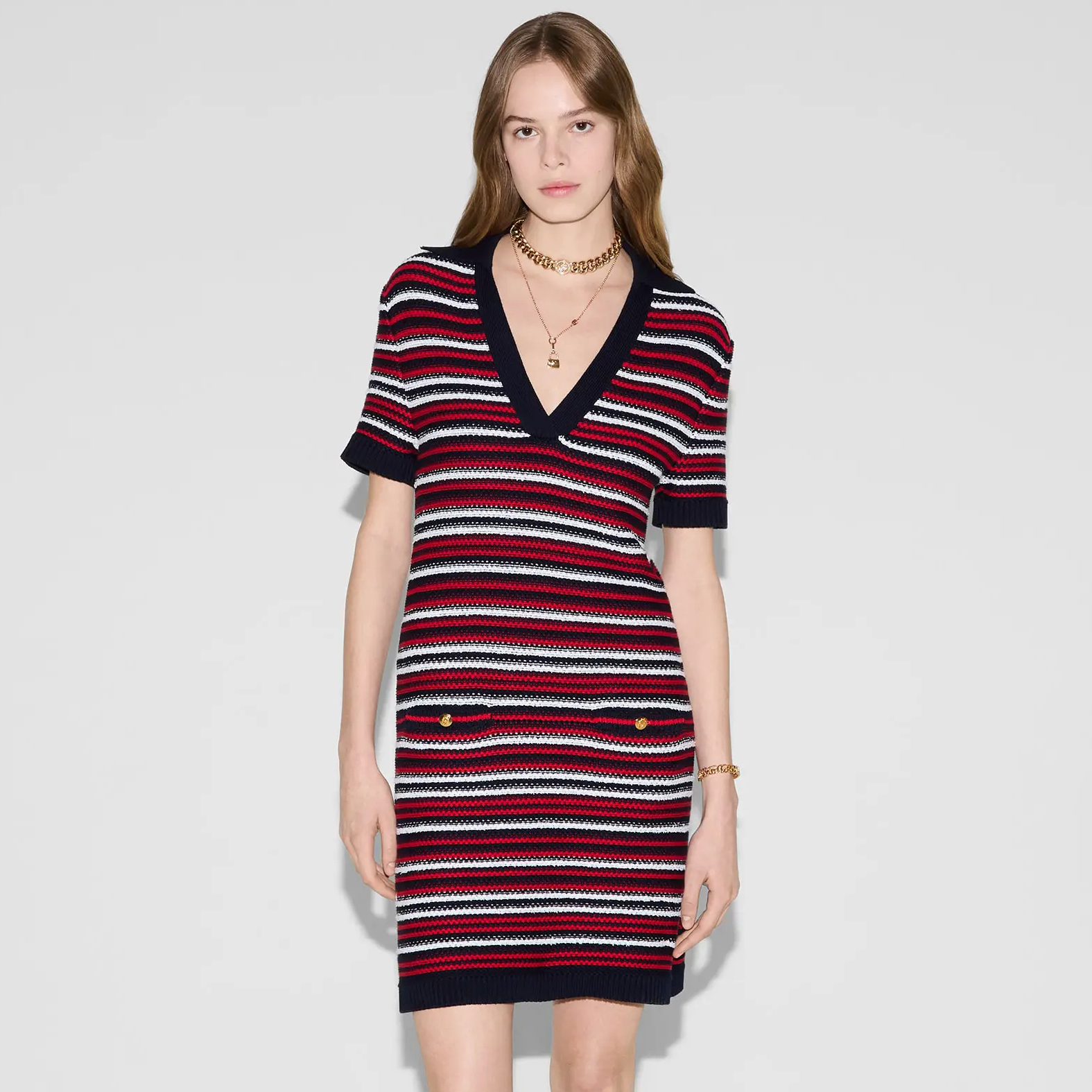 NIGO Gucci Women's Spring/Summer Red and Blue Striped V-neck Knit Short-sleeve Dress #nigo75687