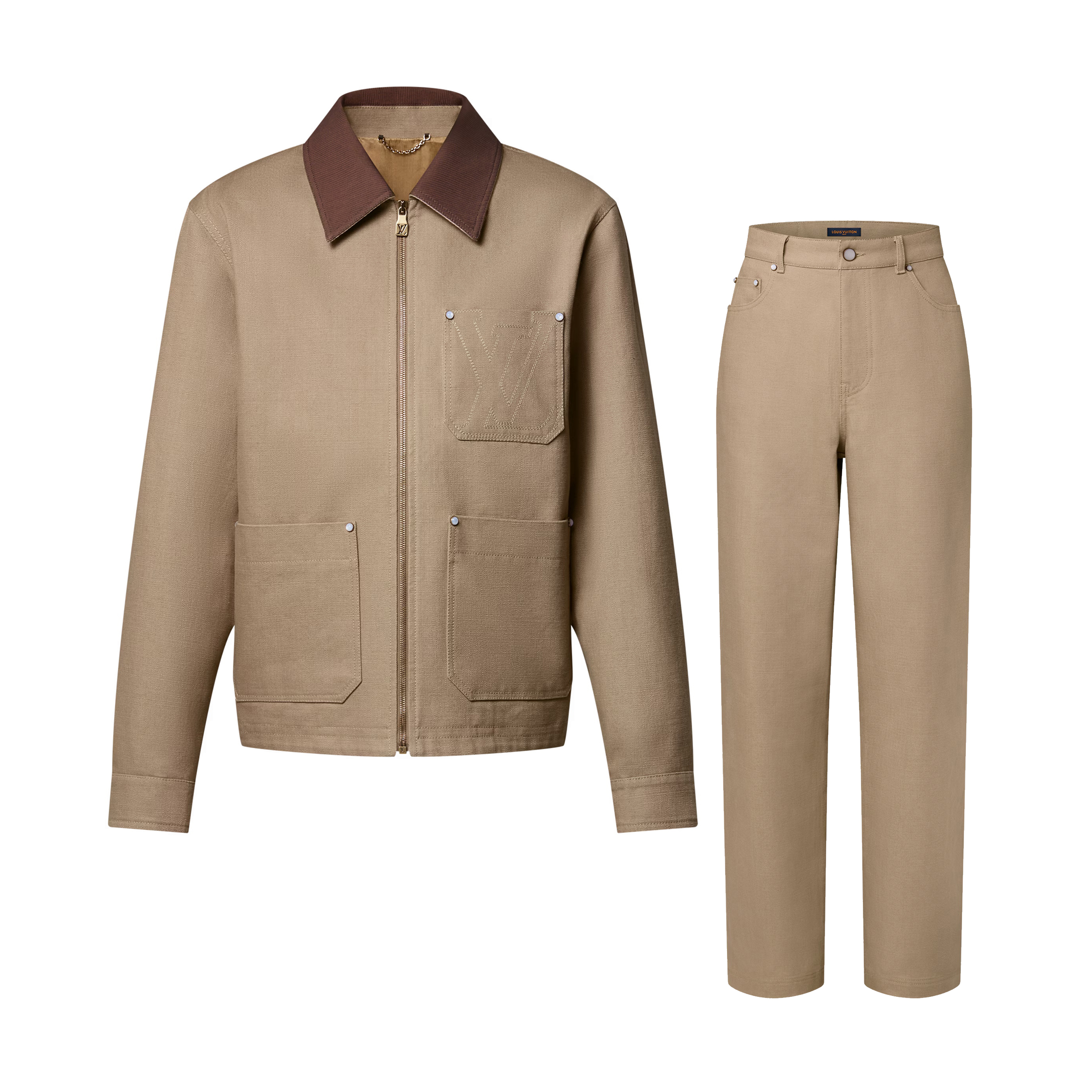 NIGO Louis Vuitton Men's Light Brown Casual Outfit Set Suit - Minimalist Collar Jacket with Button Pockets & Color-Coordinated Pants #nigo75719