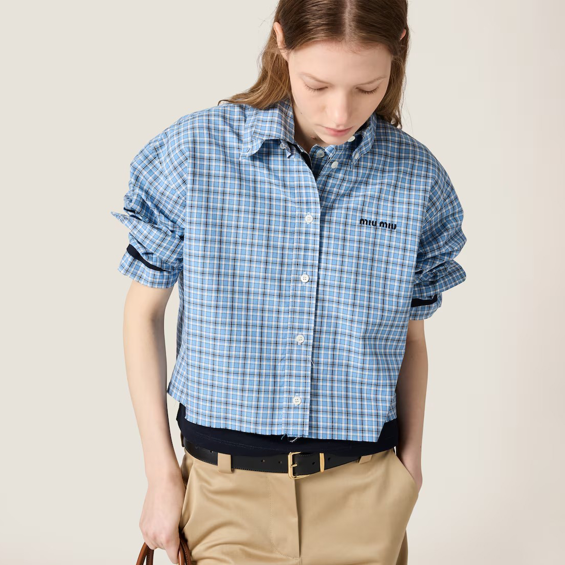 NIGO MiuMiu Women's Spring/Summer Blue Check Embroidered Letter Print Single Breasted Long Sleeve Shirt #nigo75714