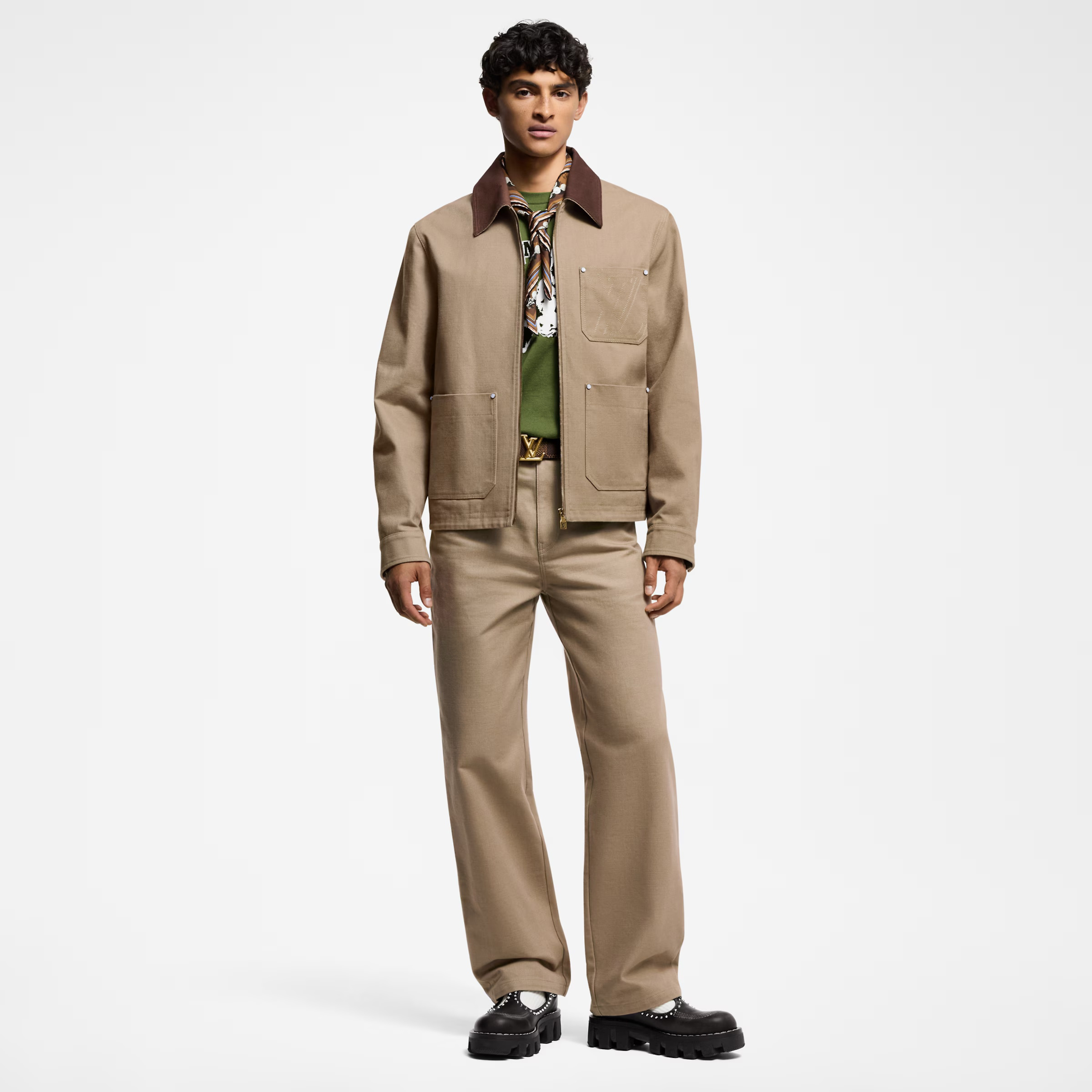 NIGO Louis Vuitton Men's Light Brown Casual Outfit Set Suit - Minimalist Collar Jacket with Button Pockets & Color-Coordinated Pants #nigo75719