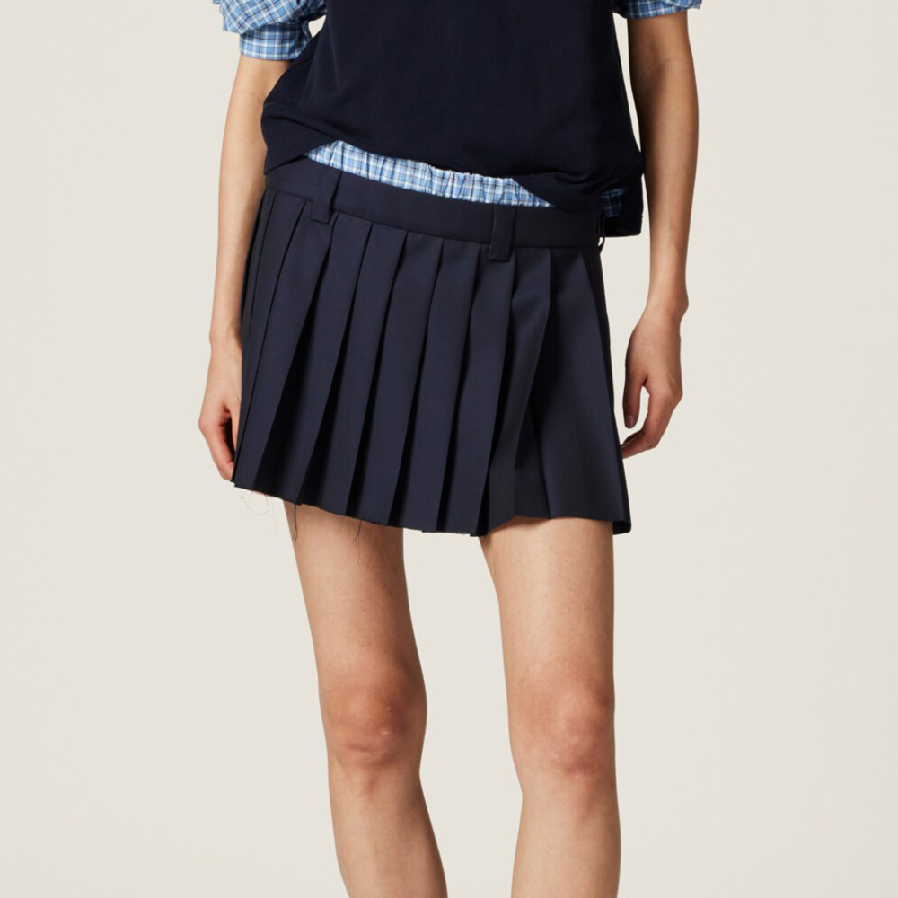 NIGO MiuMiu Women's Summer Classic Deep Blue Pleated Skirt - Academy Style Short Dress with Checkerboard Waistband & Delicate Ruffles #nigo75715