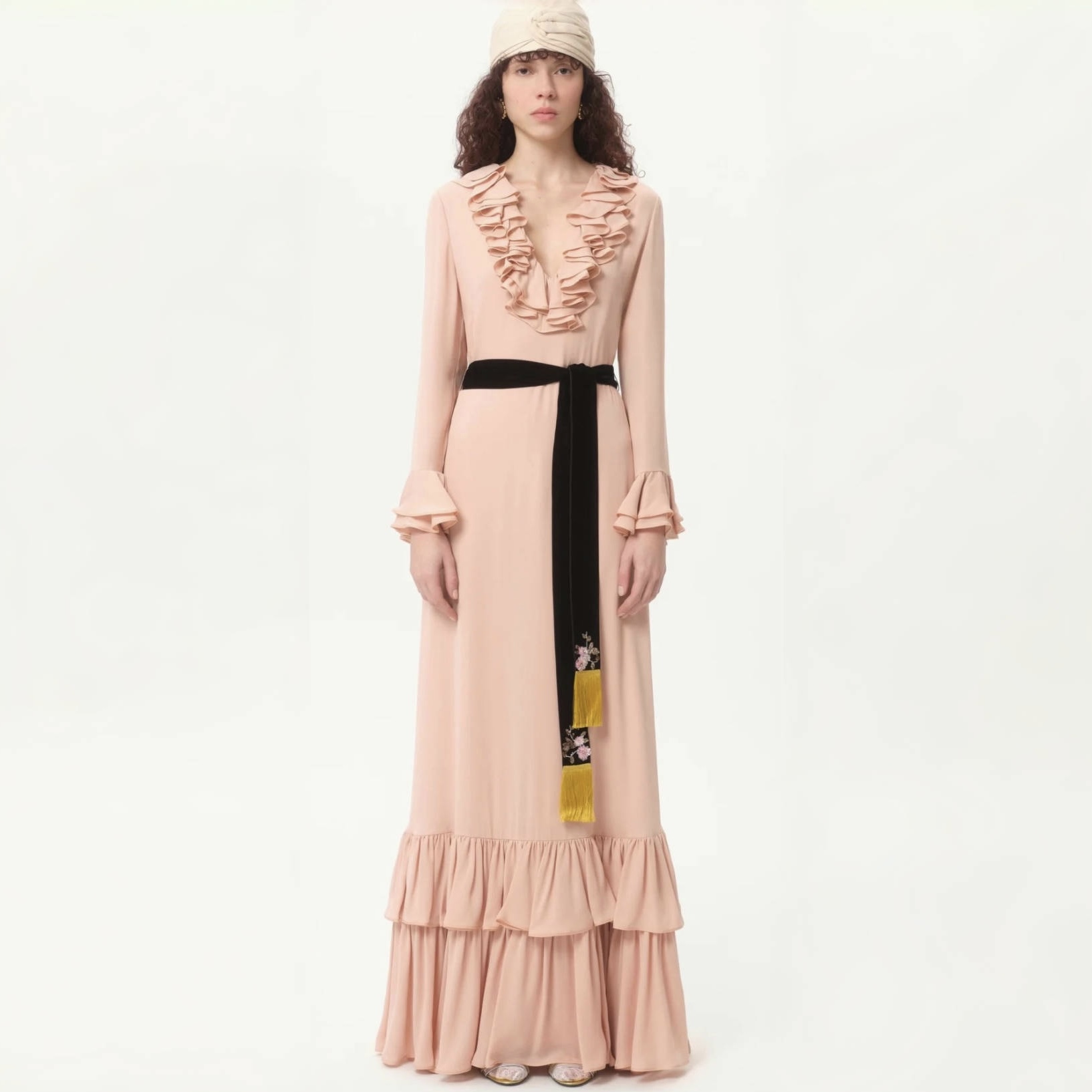 NIGO Valentino Women's Spring And Autumn Tassel Belt V-Neck Pleated Side Long Silk Solid Color Dresses Ngvp #nigo1252