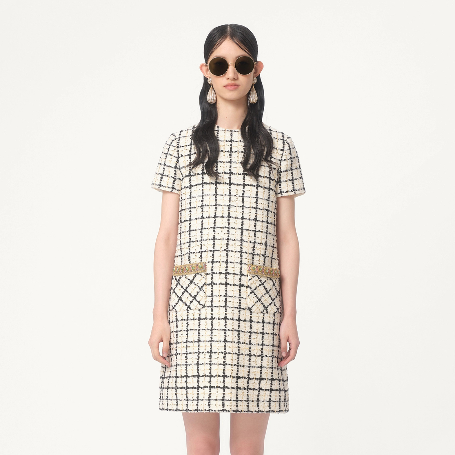 NIGO Valentino Women's Summer Tweed Check Embroidery Short Round Neck Colorblocking Dresses Ngvp #nigo1254