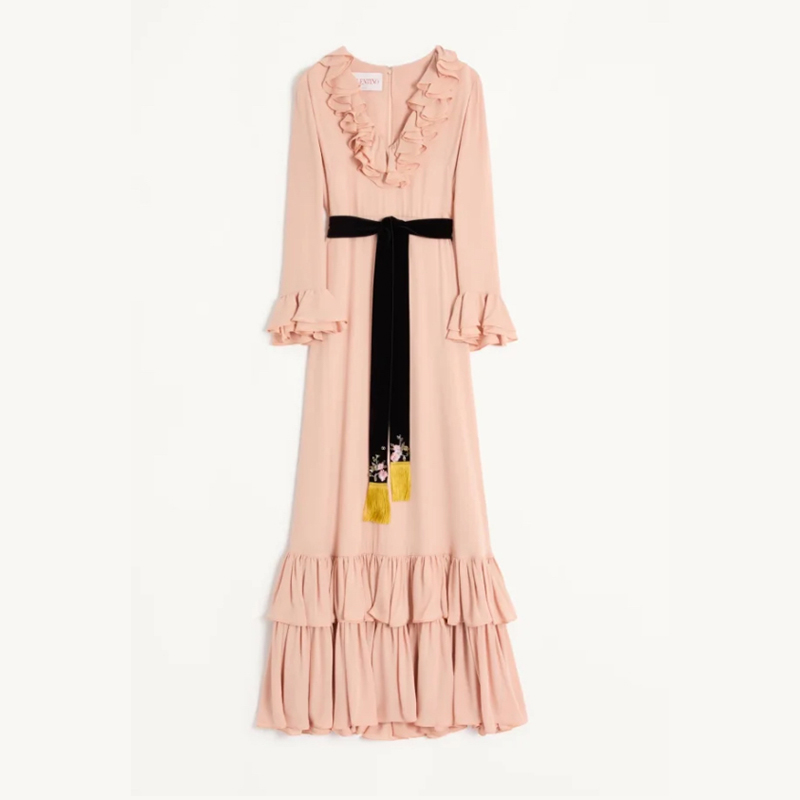 NIGO Valentino Women's Spring And Autumn Tassel Belt V-Neck Pleated Side Long Silk Solid Color Dresses Ngvp #nigo1252