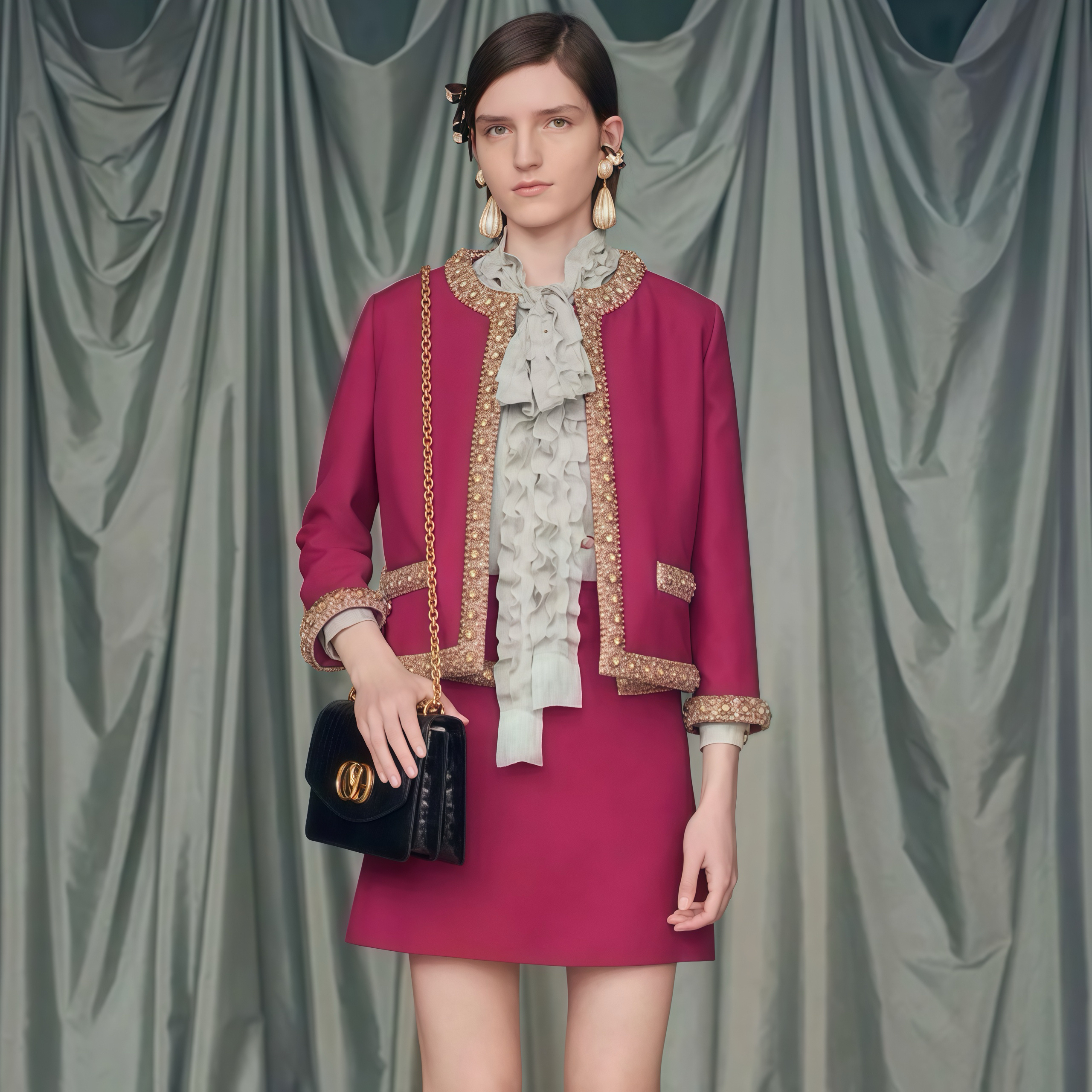 NIGO Valentino Women's Autumn Solid Color Silk Wool Rhinestone Embroidery Round Neck Knit Jacket Casual Mid Waist Loose Half Skirt Ngvp #nigo1253