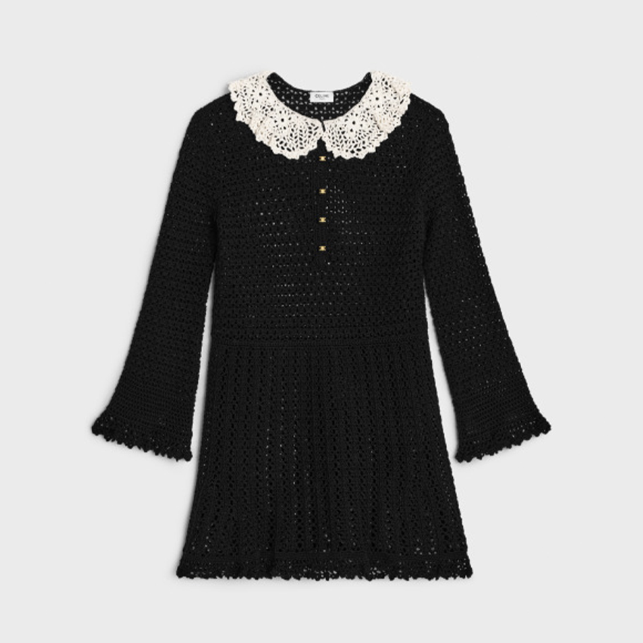 NIGO Celine Women's Spring Summer Lace Black Dress Logo Button Lapel Temperament Elegant Long Sleeve Dresses Ngvp#nigo1296