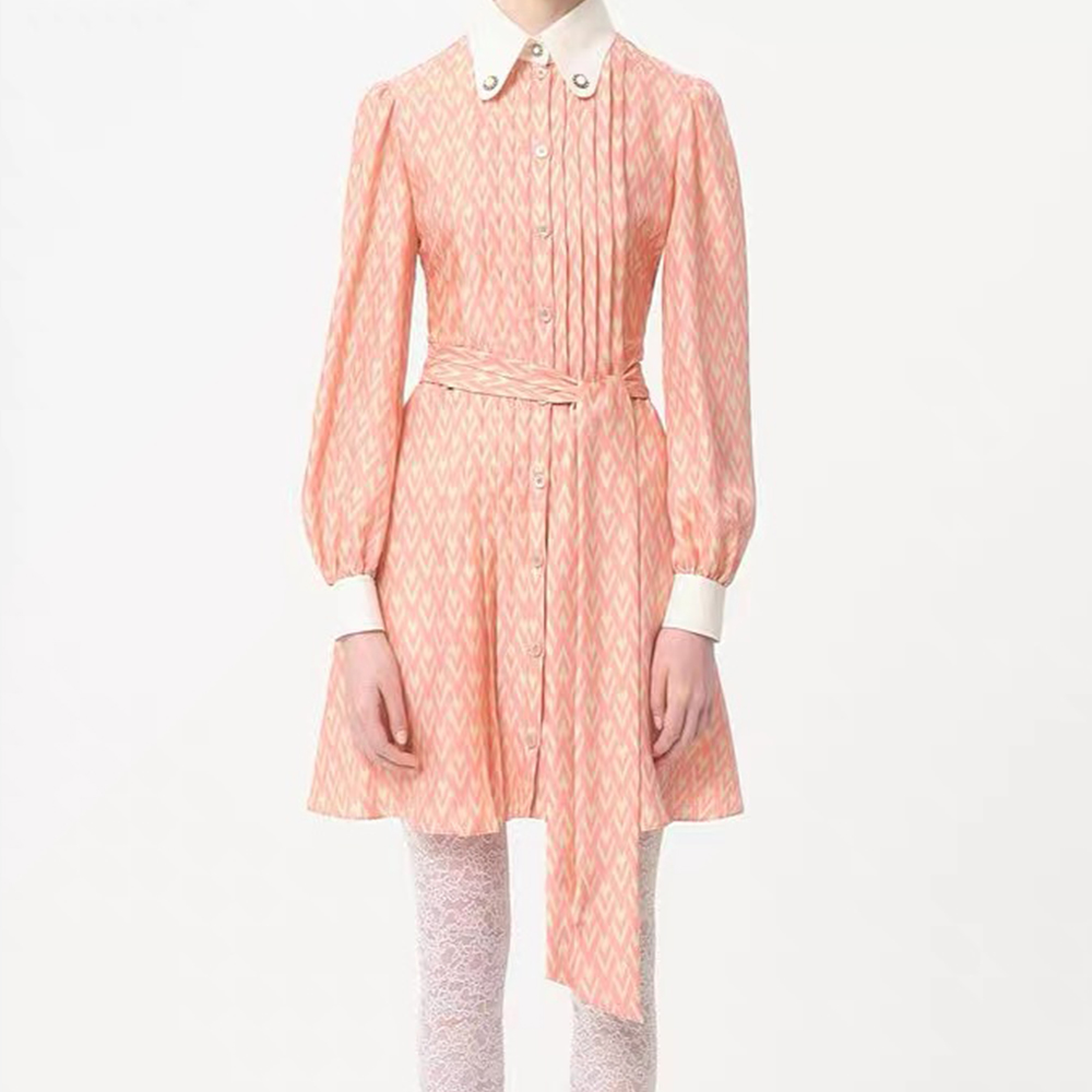 NIGO Valentino Women's Summer Checkered Lapel Tie Colorblocking Pleated Short Solid Color Silk Long Sleeve Dresses Ngvp #nigo1255