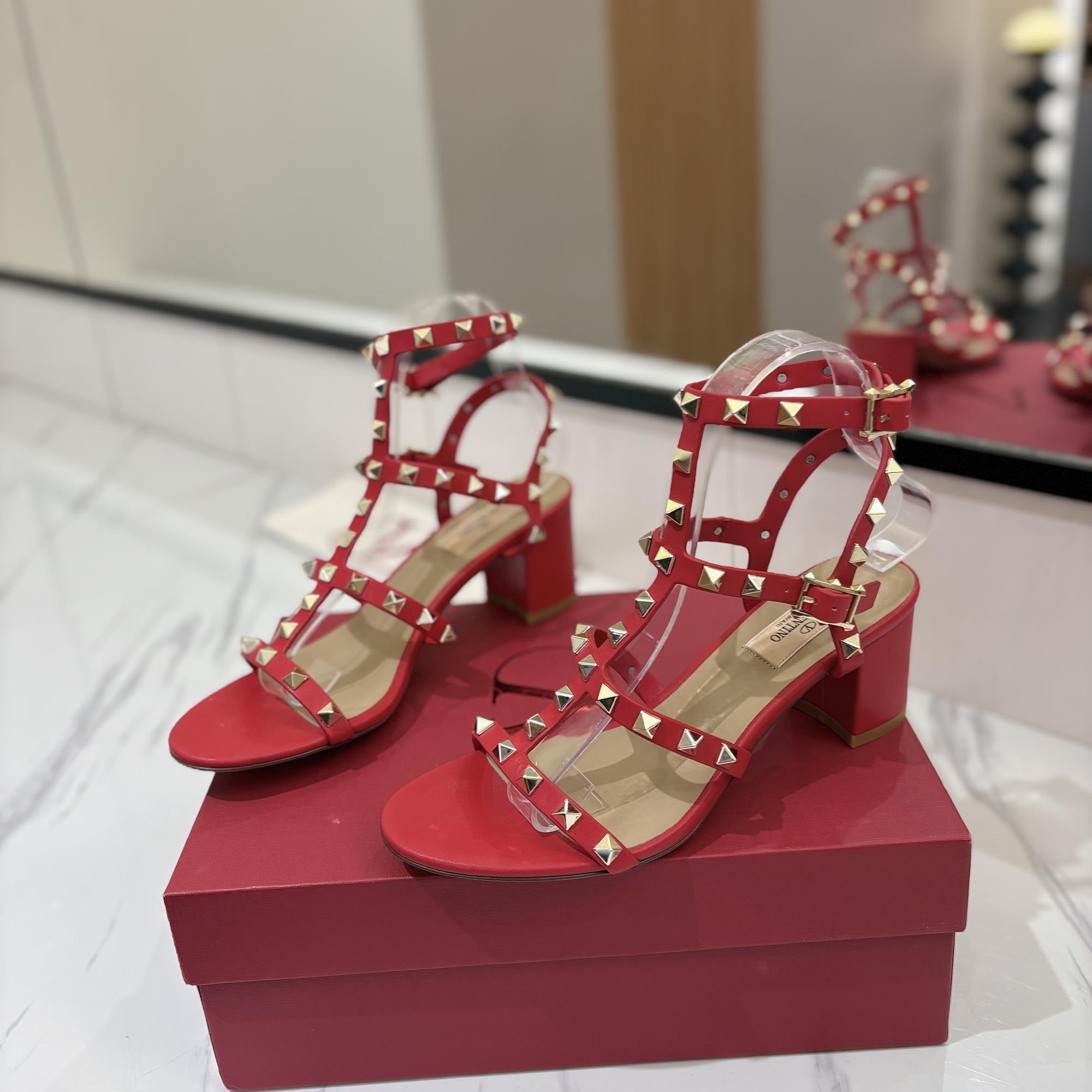 NIGO Valentino Women's Summer Solid Color Rivet Buckle 6.5cm Square Heel Sheepskin High Heels Shoes #nigo75757