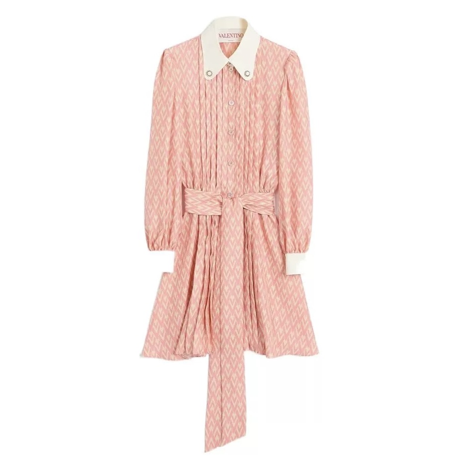 NIGO Valentino Women's Summer Checkered Lapel Tie Colorblocking Pleated Short Solid Color Silk Long Sleeve Dresses Ngvp #nigo1255