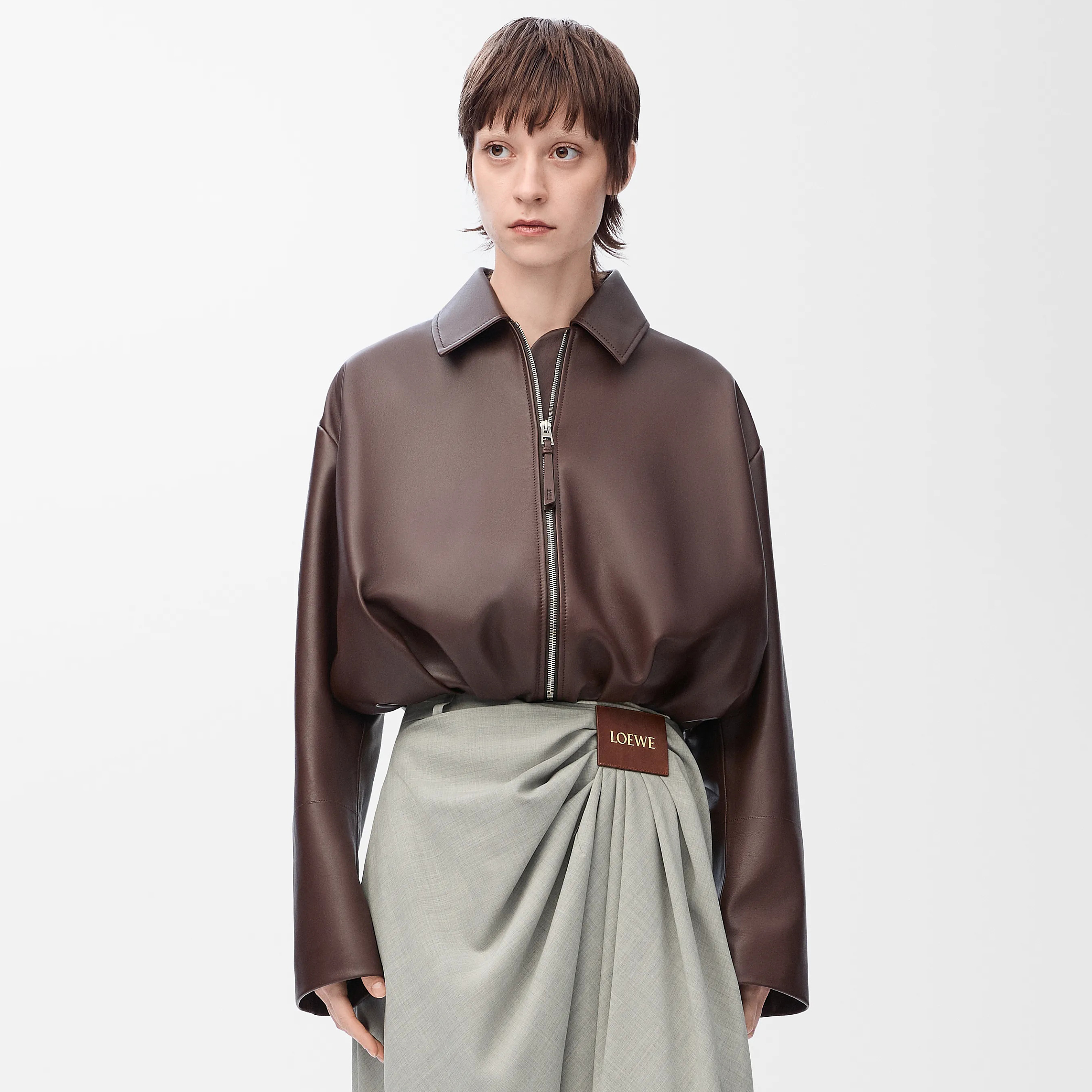 NIGO Loewe Women's Spring and Autumn Solid Color Sheepskin Pleated Zipper Long Sleeve Leather Jacket #nigo75785