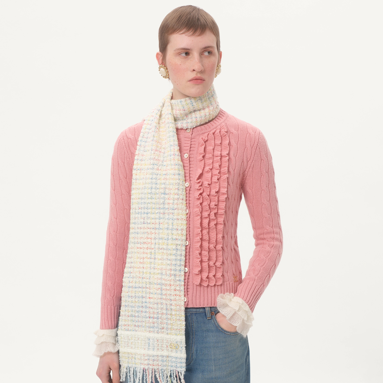 NIGO Valentino Women's Spring, Autumn And Winter V-Neck Ruffled Solid Color Knitted Sweater Long-Sleeved Cardigan Ngvp #nigo1256