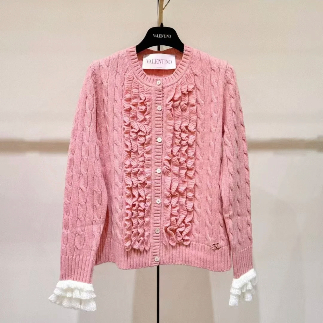 NIGO Valentino Women's Spring, Autumn And Winter V-Neck Ruffled Solid Color Knitted Sweater Long-Sleeved Cardigan Ngvp #nigo1256