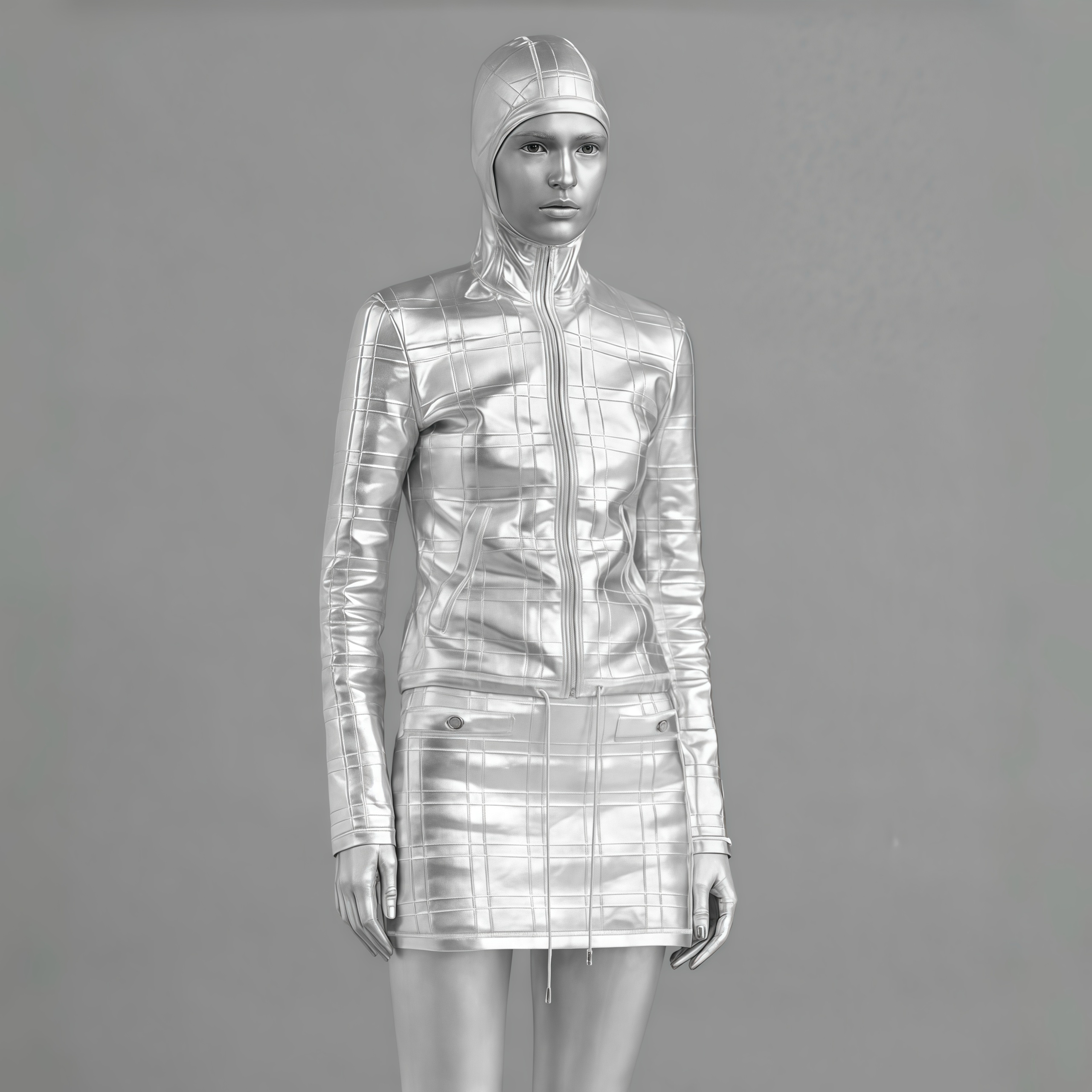 NIGO Chanel Women's Silver Coated Marseille Checkered Biker Jacket Half Skirt Suit Set Future Ai Fashion Trend Zip Hooded Sweatshirt Jacket Mini Skirt Ngvp #nigo1317