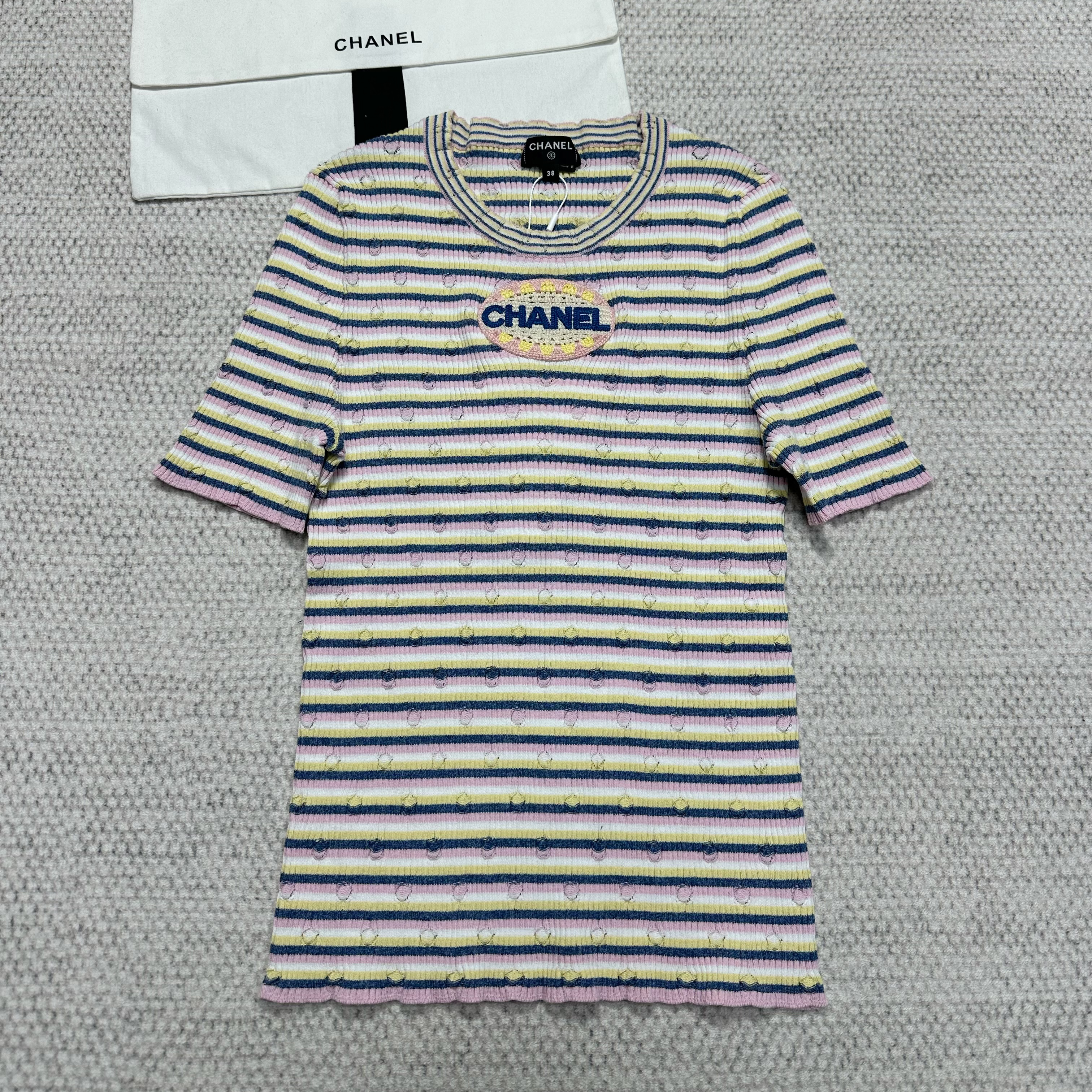 NIGO Chanel Women's Spring/Summer Letter Printed Striped Round Neck Short Sleeve Knit Sweater T-Shirt #nigo75782