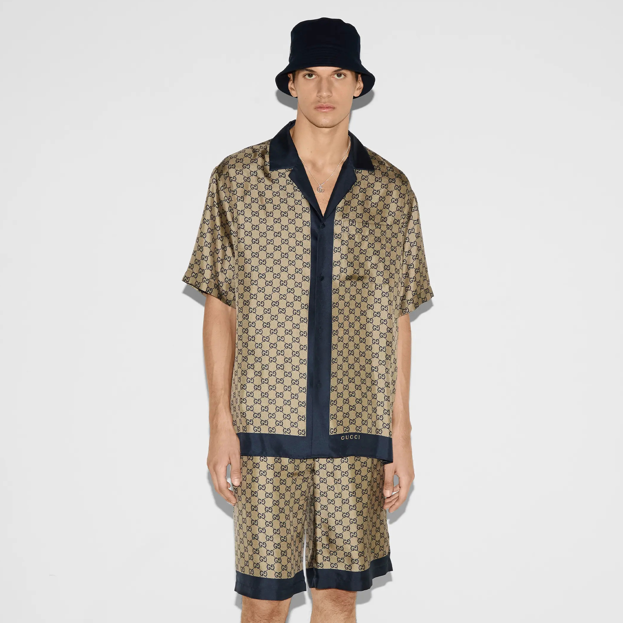NIGO Gucci Men's Summer Logo Full Print Single Breasted Short Sleeve Shirt Stretch Waist Casual Shorts Set Suit #nigo75828