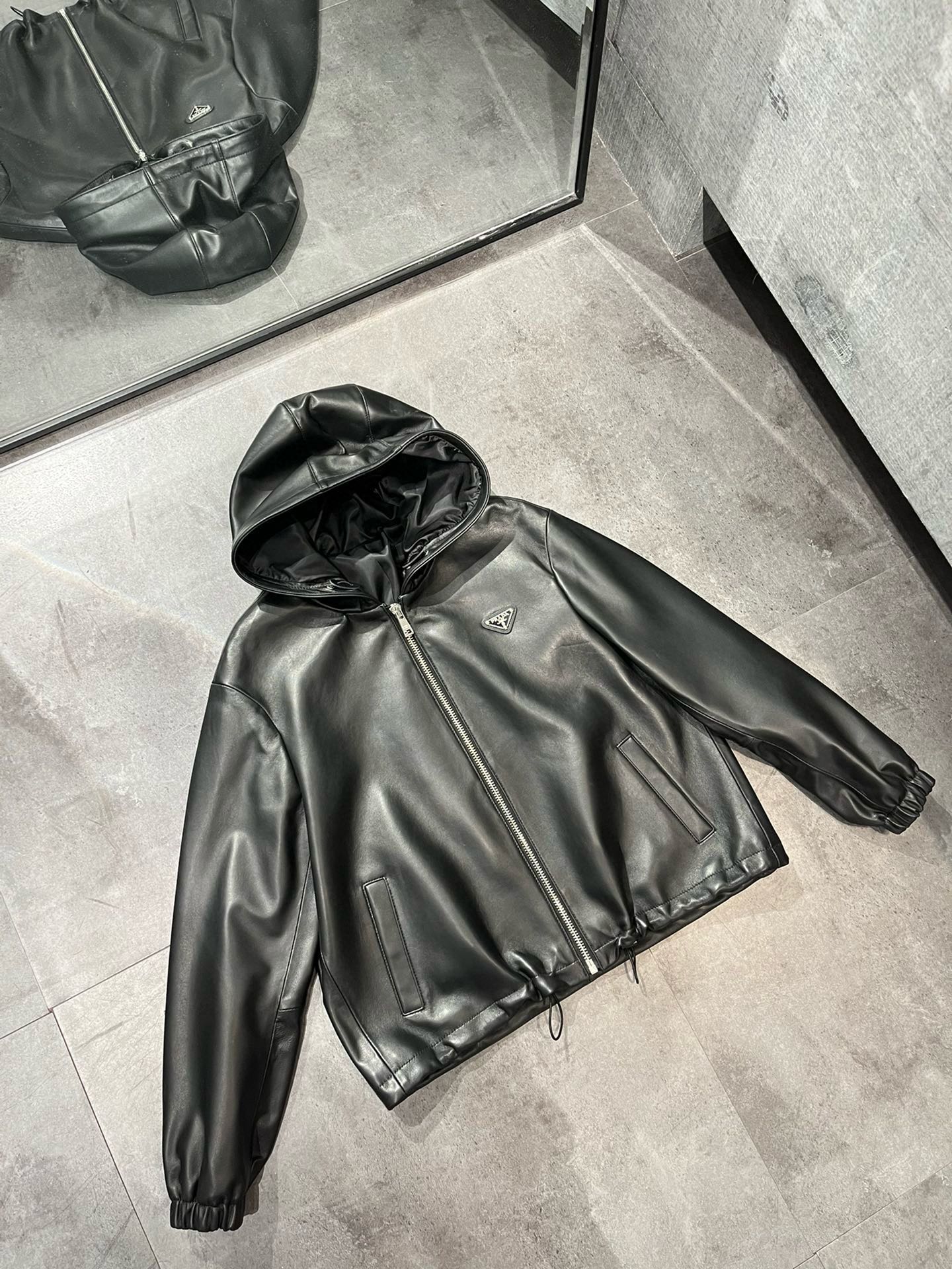 NIGO Prada Women's Spring and Autumn Solid Color Leather Hooded Zipper Long Sleeve Jacket #nigo75832