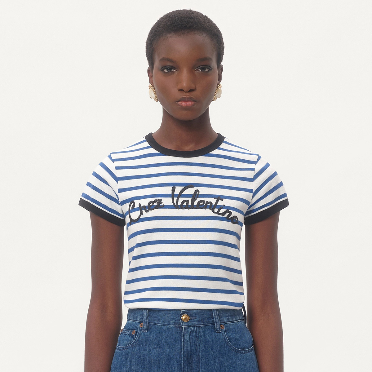 NIGO Valentino Women's Summer Red and Blue Striped Printed Round Neck Cotton Short Sleeve T-Shirt #nigo75823