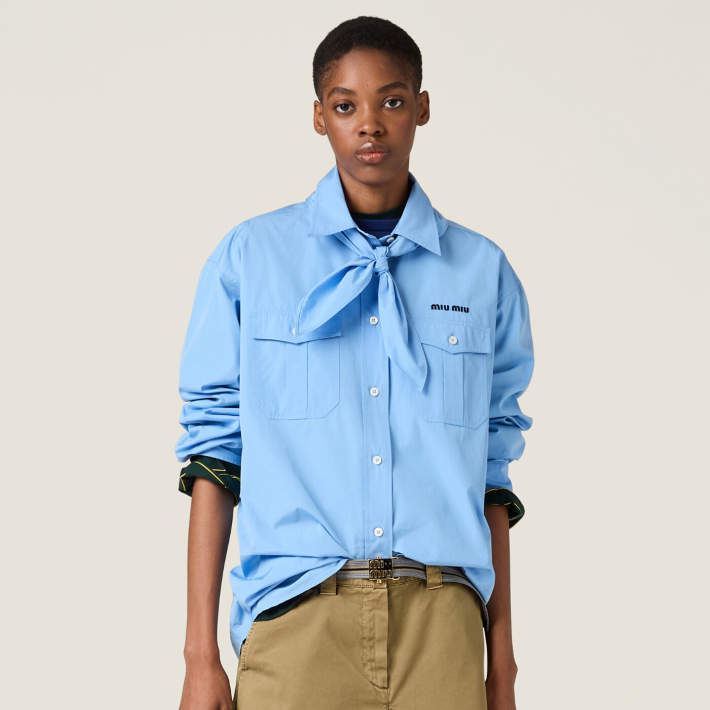 NIGO MiuMiu Women's Spring And Summer Solid Color Bow Tie Neckline Single Breasted Long Sleeved Shirt #nigo75834