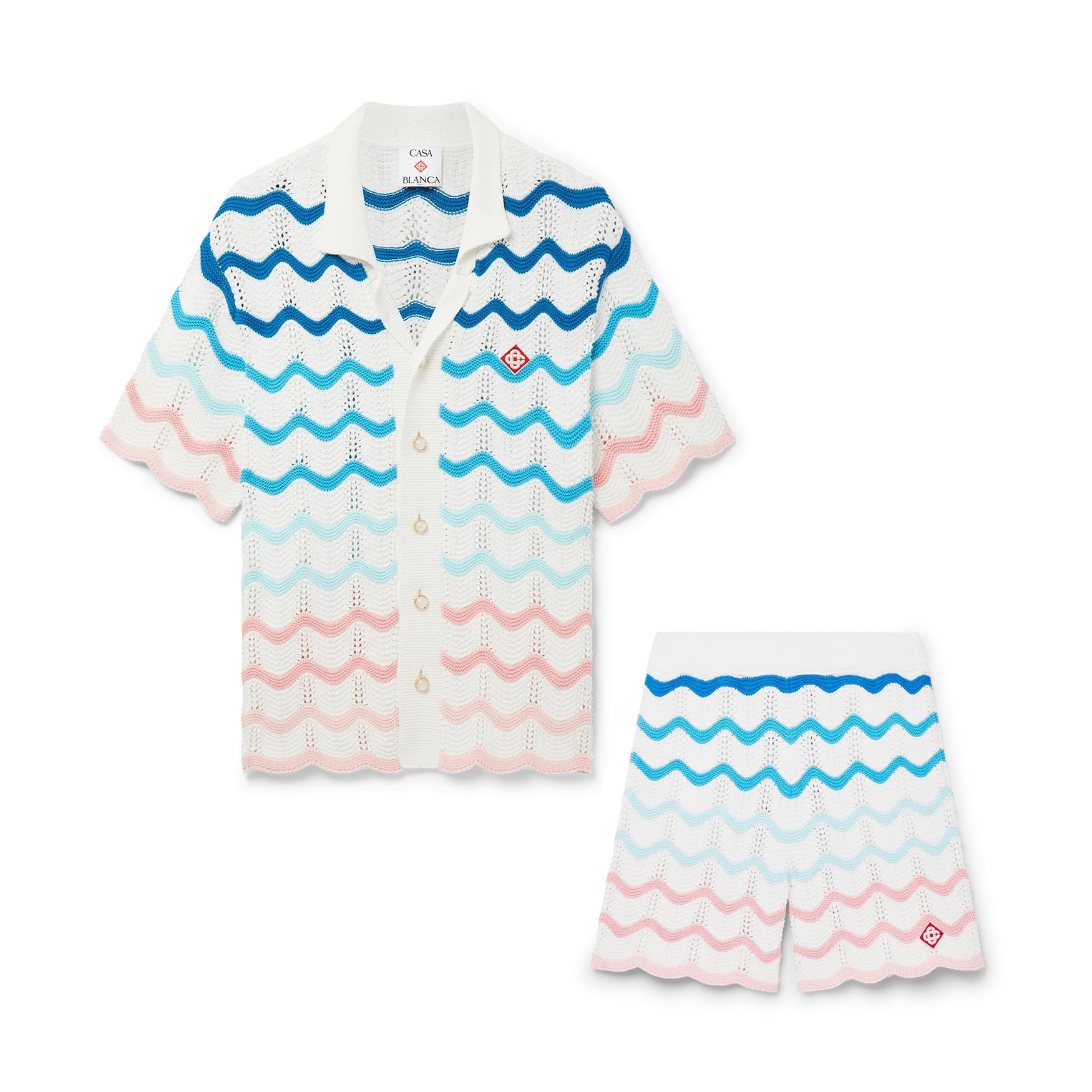 NIGO Casablanca Men's And Women's Summer Gradient Wave Print V-neck Single Breasted Knit Short Sleeved Shirt Casual Knit Shorts Suit Set #nigo75833