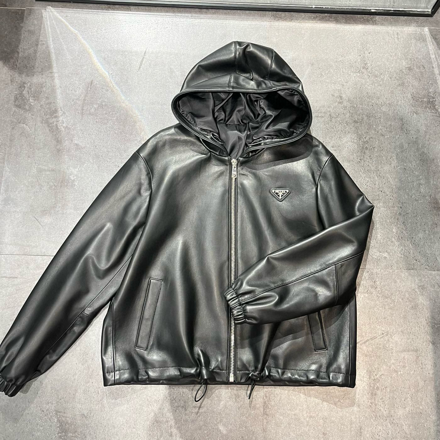 NIGO Prada Women's Spring and Autumn Solid Color Leather Hooded Zipper Long Sleeve Jacket #nigo75832