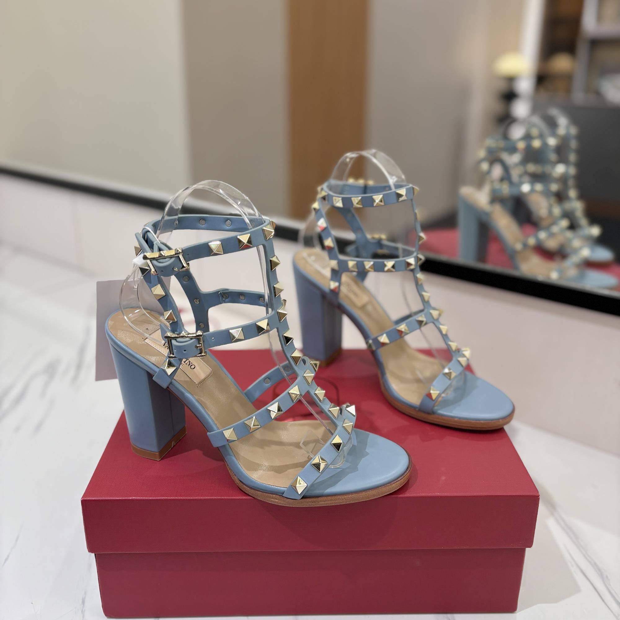 NIGO Valentino Women's Summer Solid Color Rivet Buckle 9cm Square Heel Sheepskin High Heels Shoes #nigo75829