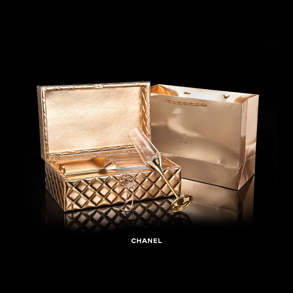 NIGO Chanel Solid Color Diamond Lattice Solid Wood Hard Case Champagne Glass Gift Box Set #nigo75845