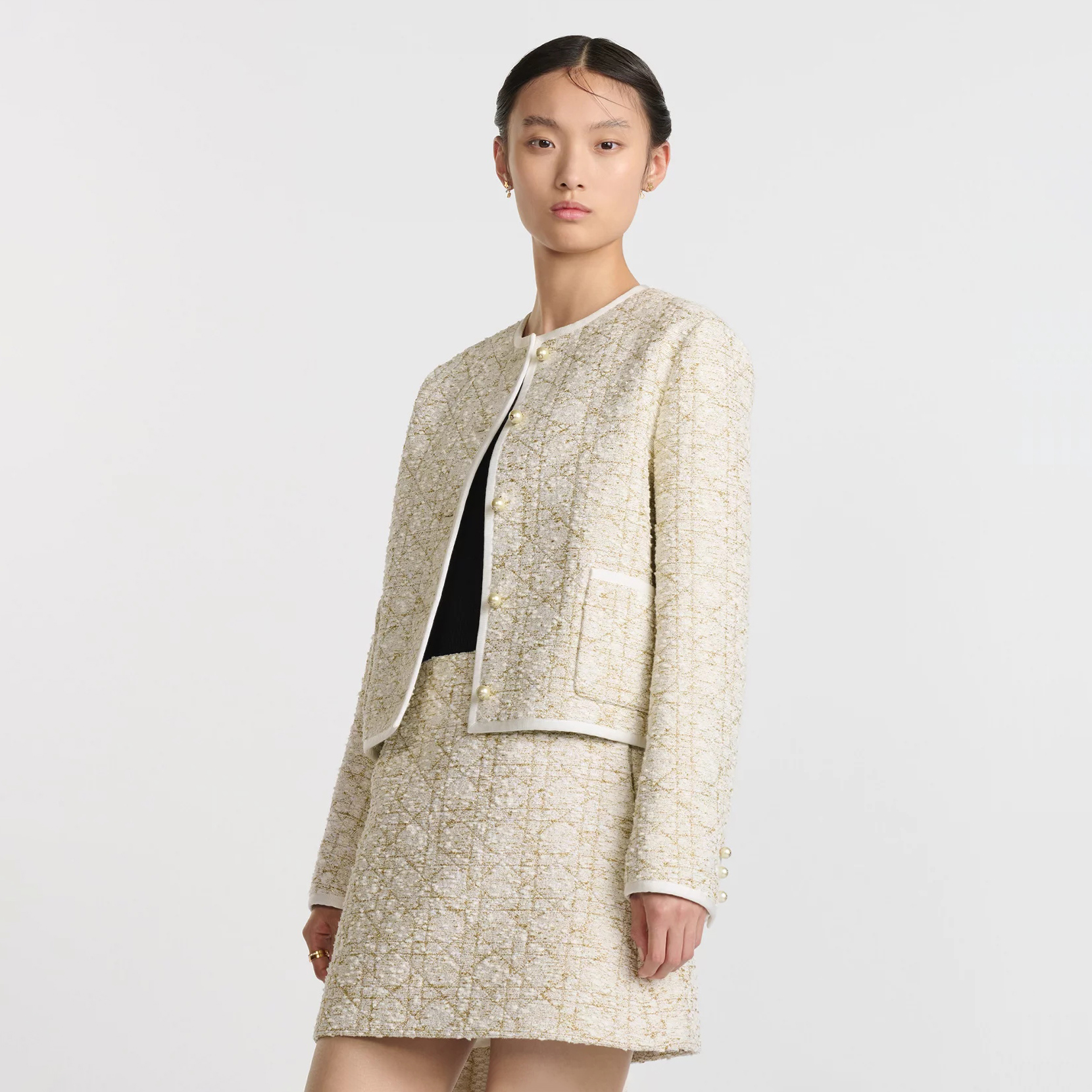 NIGO Dior Women's Spring And Autumn Solid Color Tweed Single Breasted Round Neck Long Sleeved Jacket Casual Half Body Skirt Suit Set #nigo75851