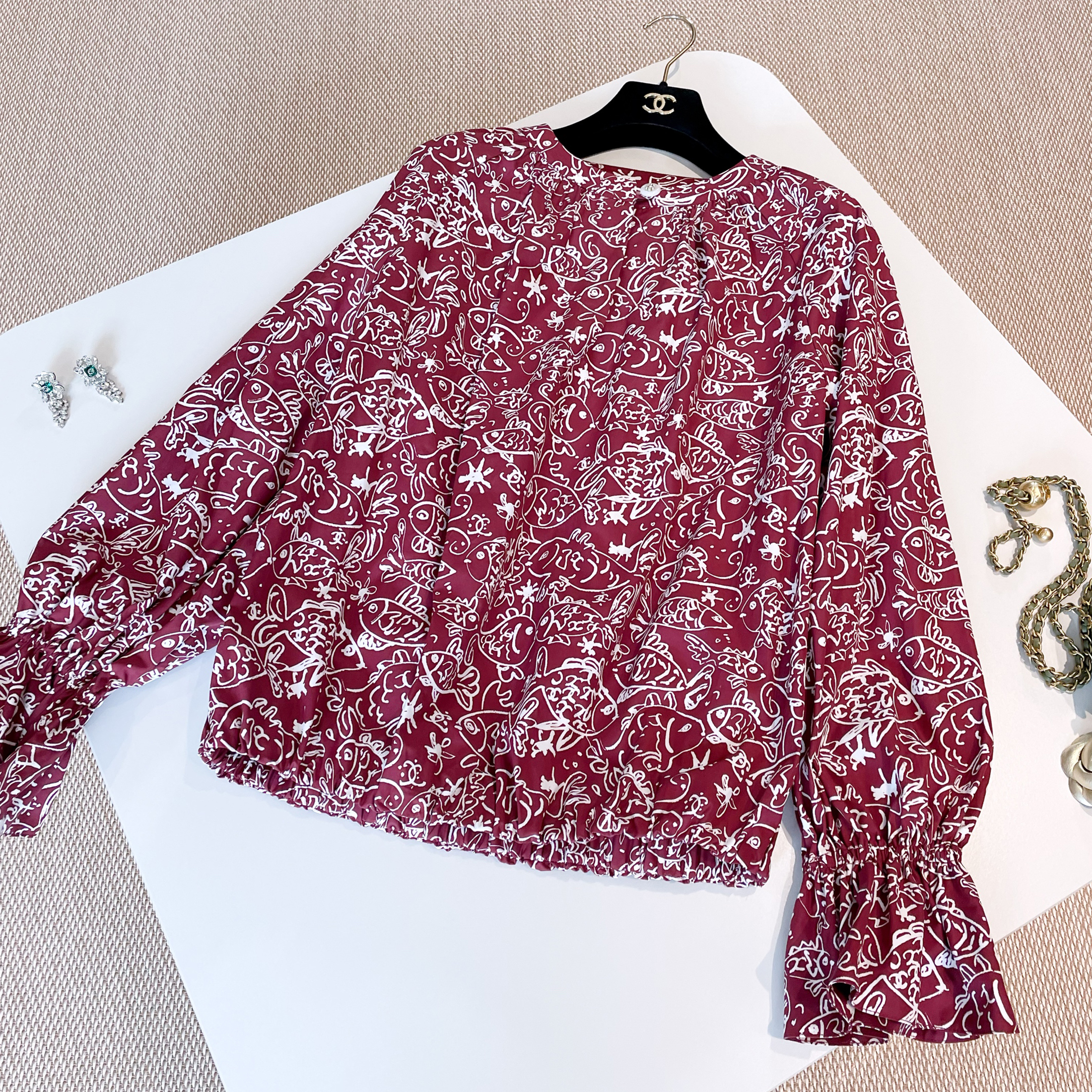 NIGO Chanel Women's Spring And Summer Printing Small Fish Silk Two-piece Drawstring Casual Shirt Straight Trousers Fashion Temperament Comfortable Suit Set Ngvp #nigo1334