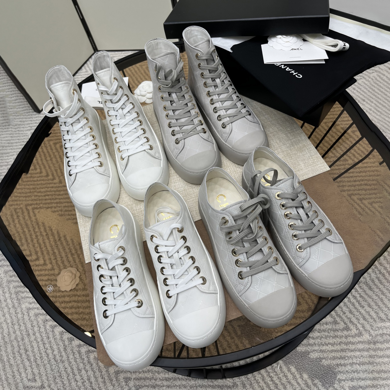 NIGO Chanel Women's Four Seasons Solid Color Diamond Check Print Round Toe Lace Up Shoes Boots #nigo75862