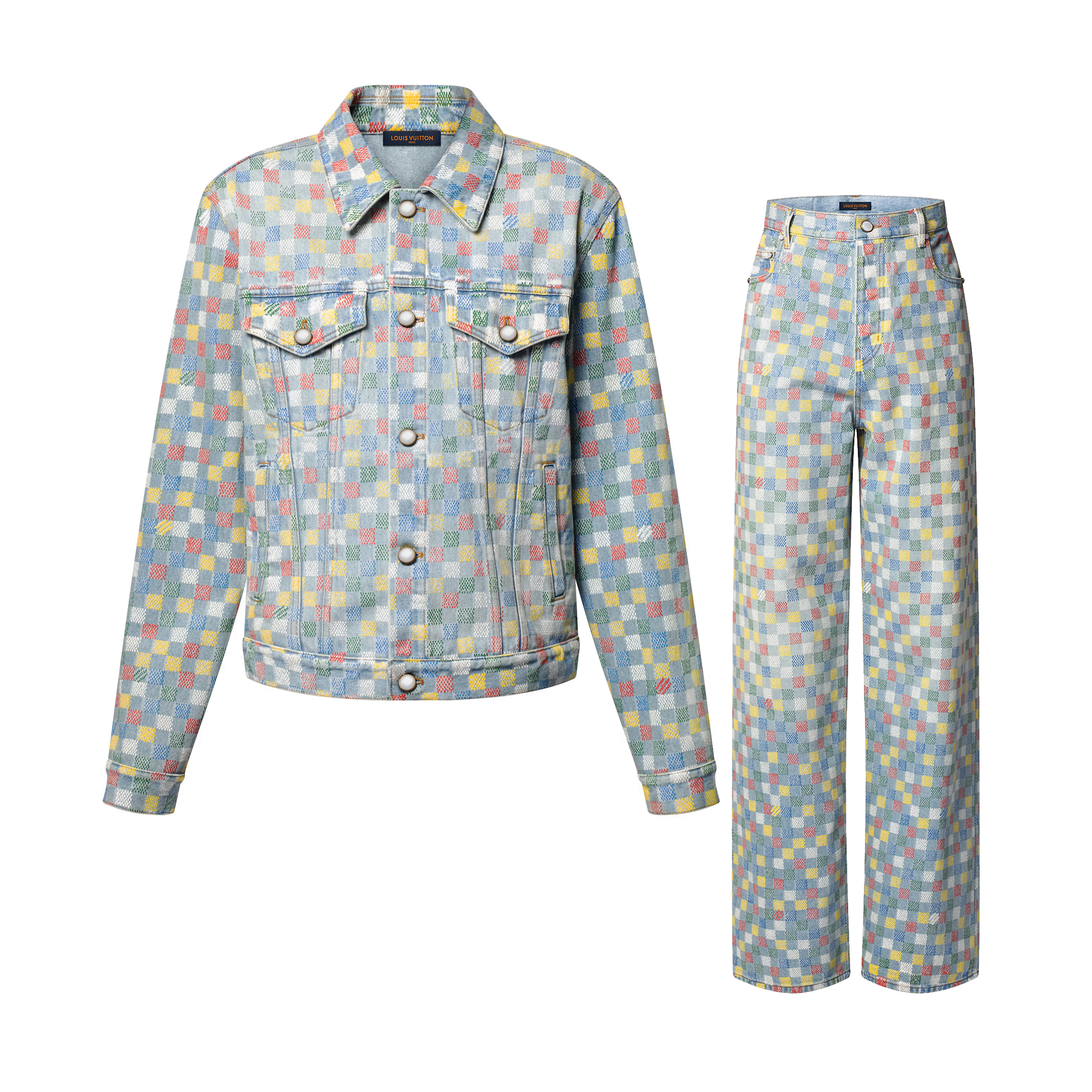 NIGO Louis Vuitton Men's Spring And Autumn Color Checkerboard Print Single Breasted Long Sleeved Denim Jacket Button Jeans Pants Suit Set #nigo75885