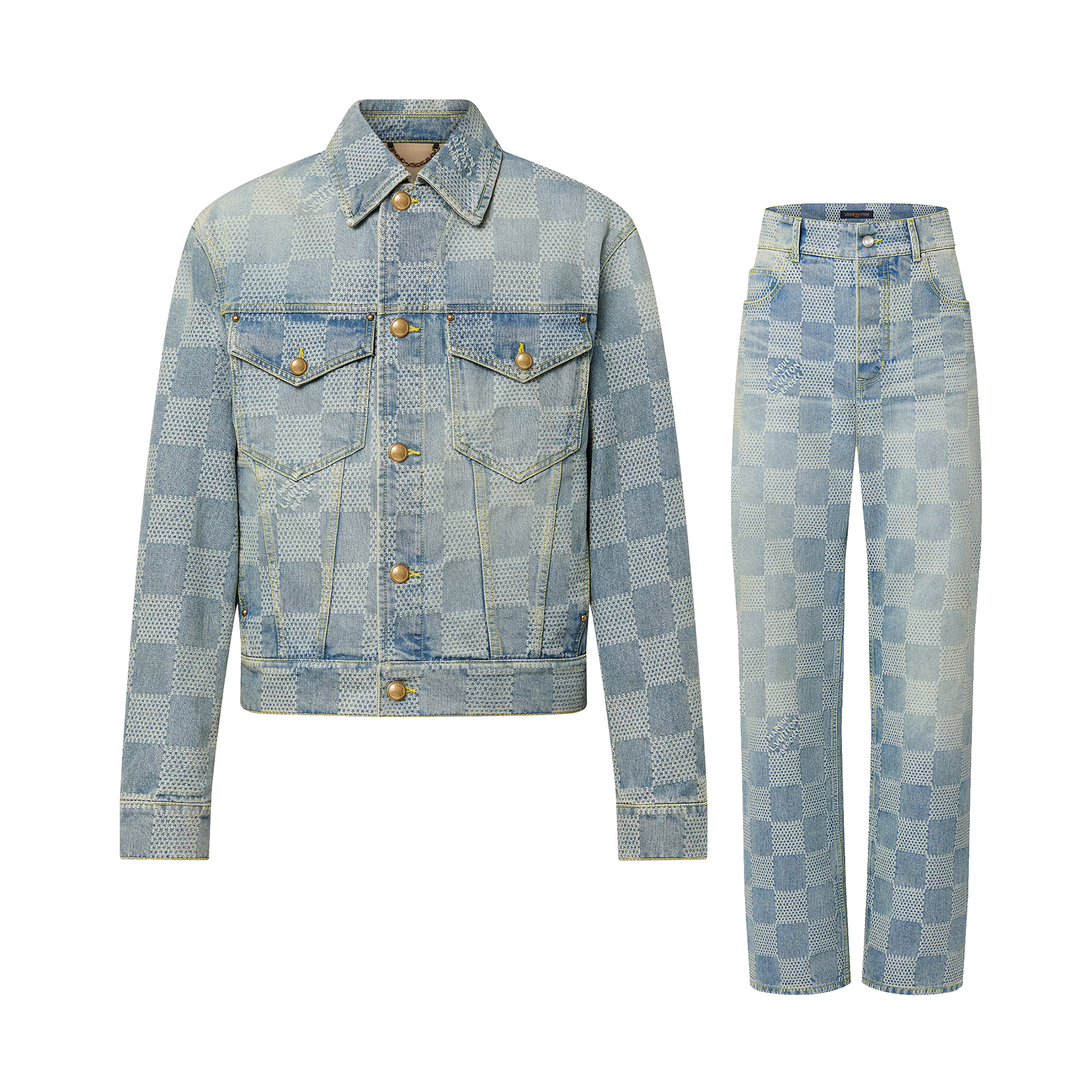 NIGO Louis Vuitton Men's Spring And Fall Checkerboard Print Single Breasted Long Sleeved Denim Jacket Button Jeans Pants Suit Set #nigo75884
