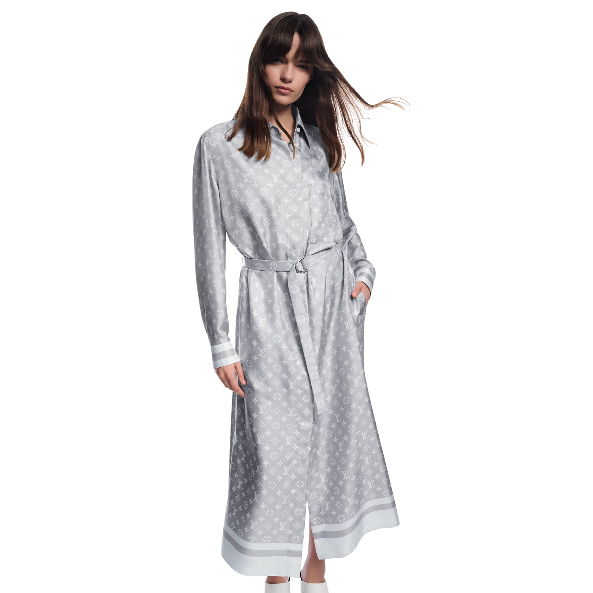 NIGO Louis Vuitton Women's Summer Letter Printed Gray Single Breasted Long Sleeve Silk Dresses #nigo75877