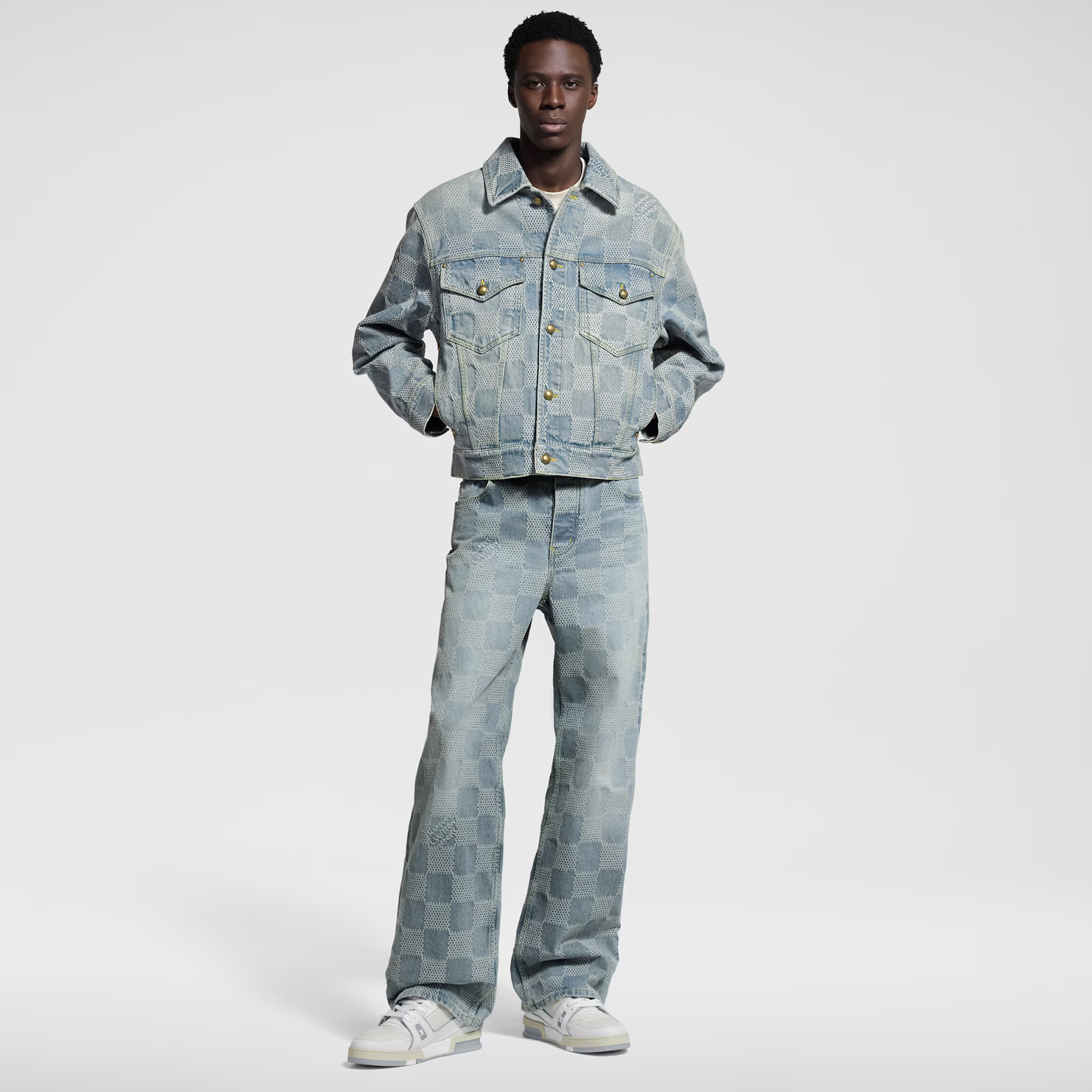 NIGO Louis Vuitton Men's Spring And Fall Checkerboard Print Single Breasted Long Sleeved Denim Jacket Button Jeans Pants Suit Set #nigo75884