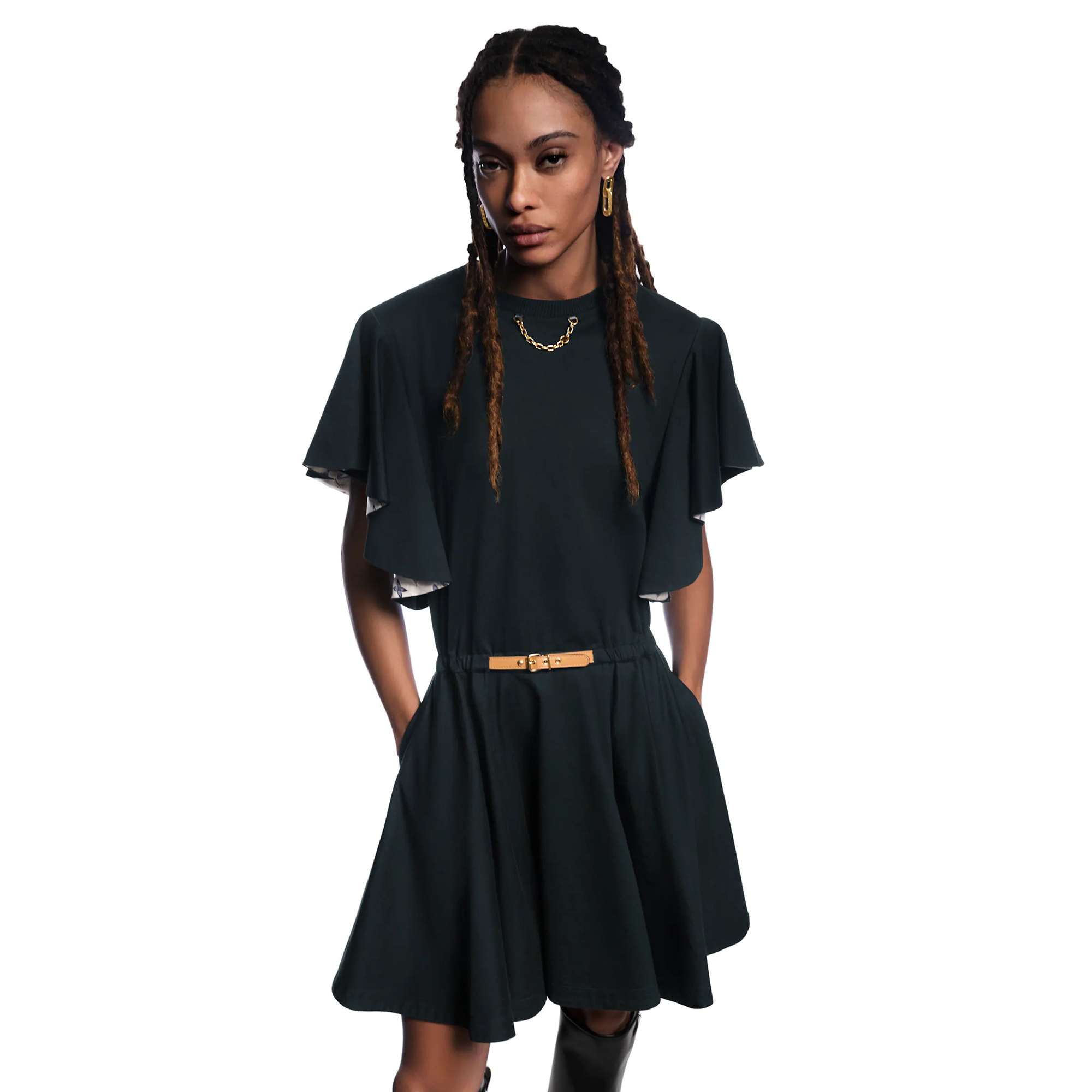 NIGO Louis Vuitton Women's Summer Solid Color Ruffle Sleeve Tunic Short Sleeve Dresses #nigo75876