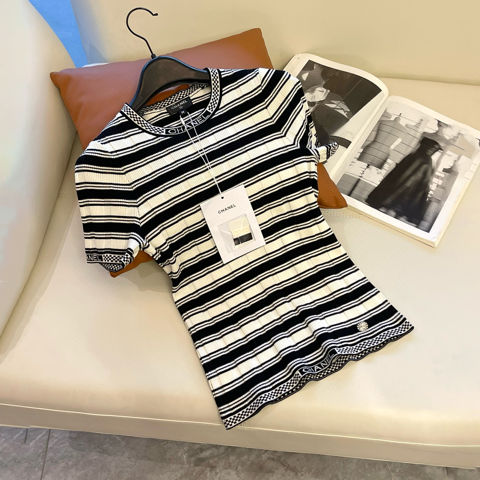 NIGO Chanel Women's Summer Black and White Striped Crew Neck Knit Short Sleeve Sweater Top #nigo75878