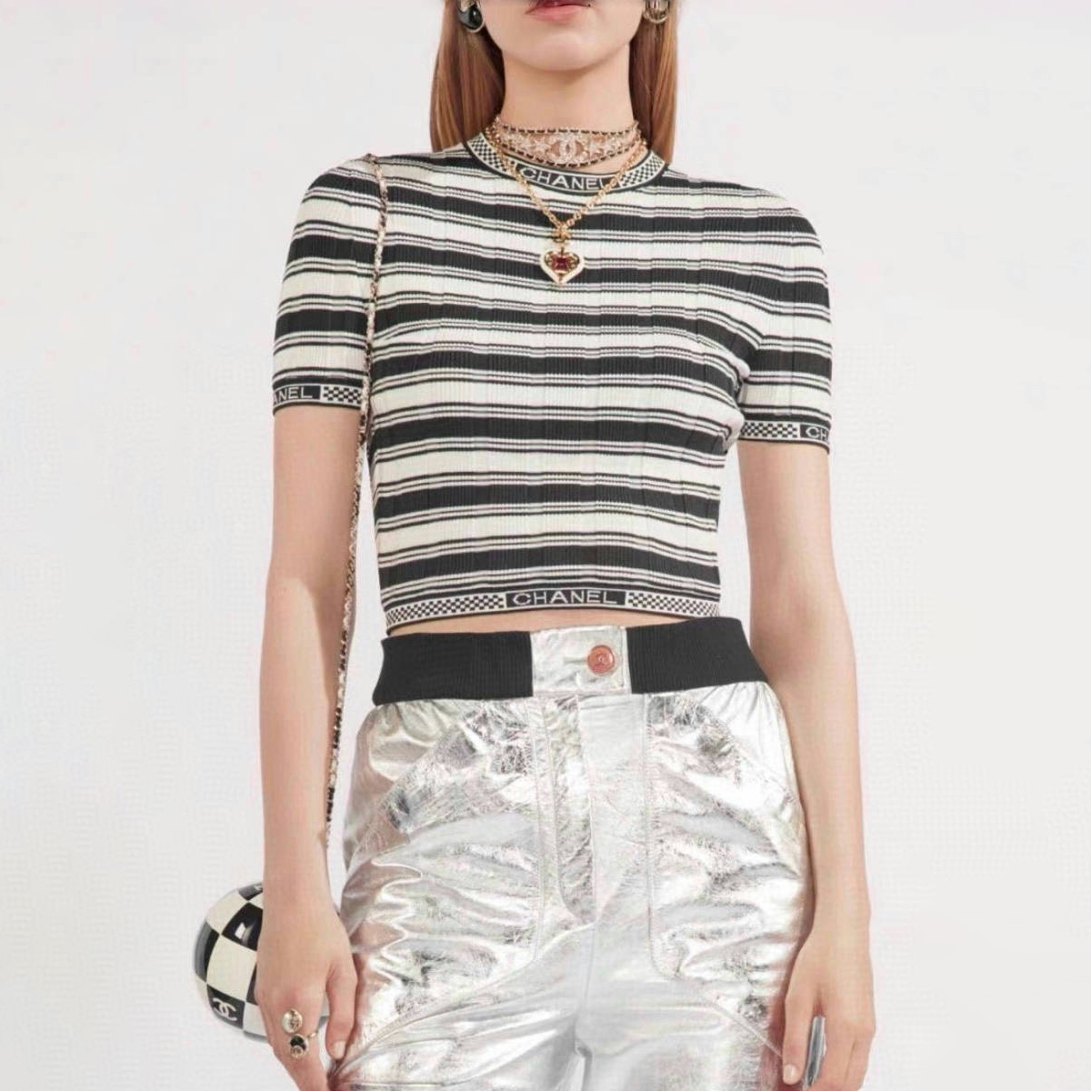 NIGO Chanel Women's Summer Black and White Striped Crew Neck Knit Short Sleeve Sweater Top #nigo75878